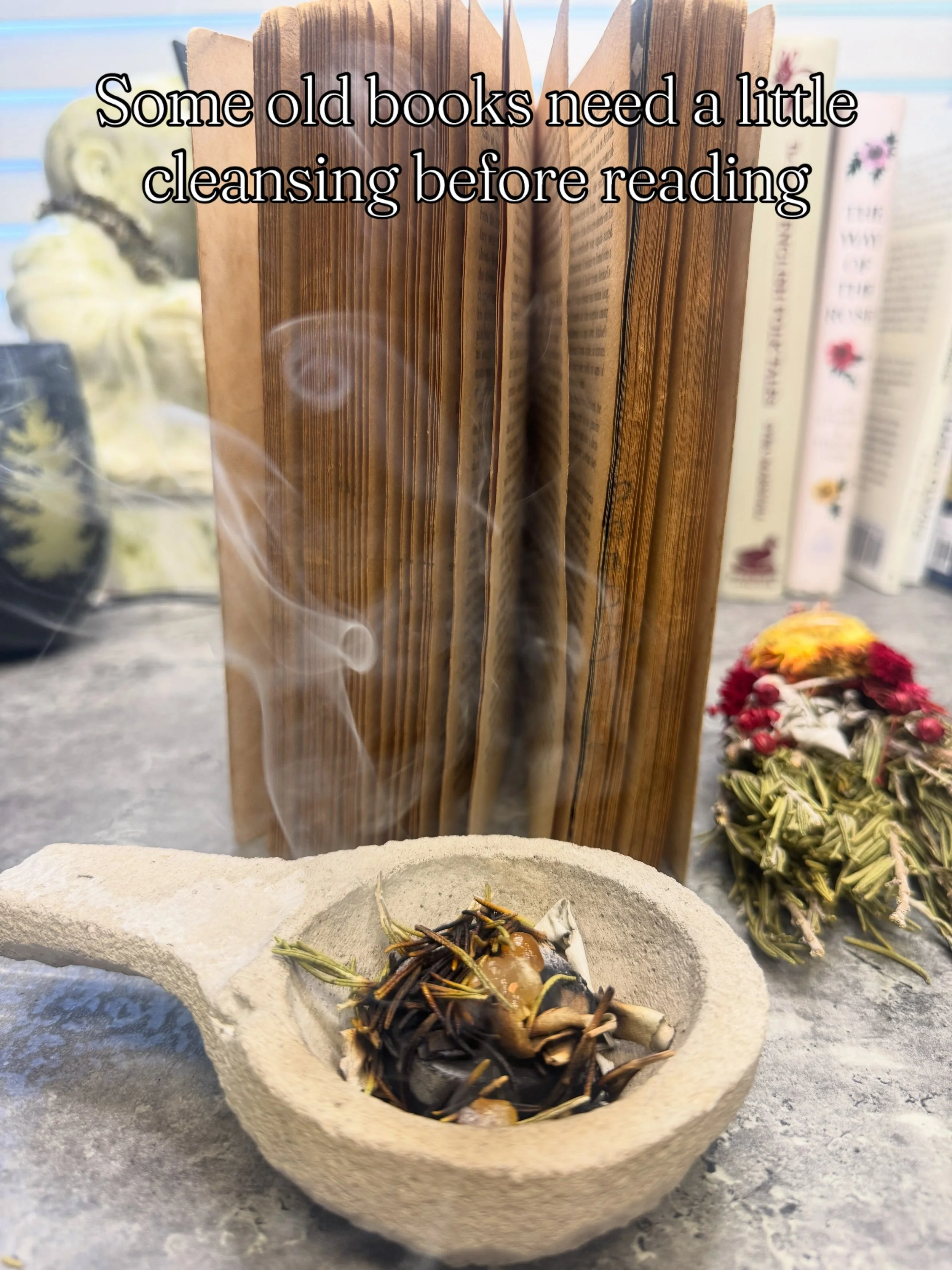 I bought an old second hand book and, well it has definitely lived a life! You never know where an old book has been or whose hands have turned those pages. Whether you see smoke as energetic, symbolic, or simply a part of old ritual of resetting som