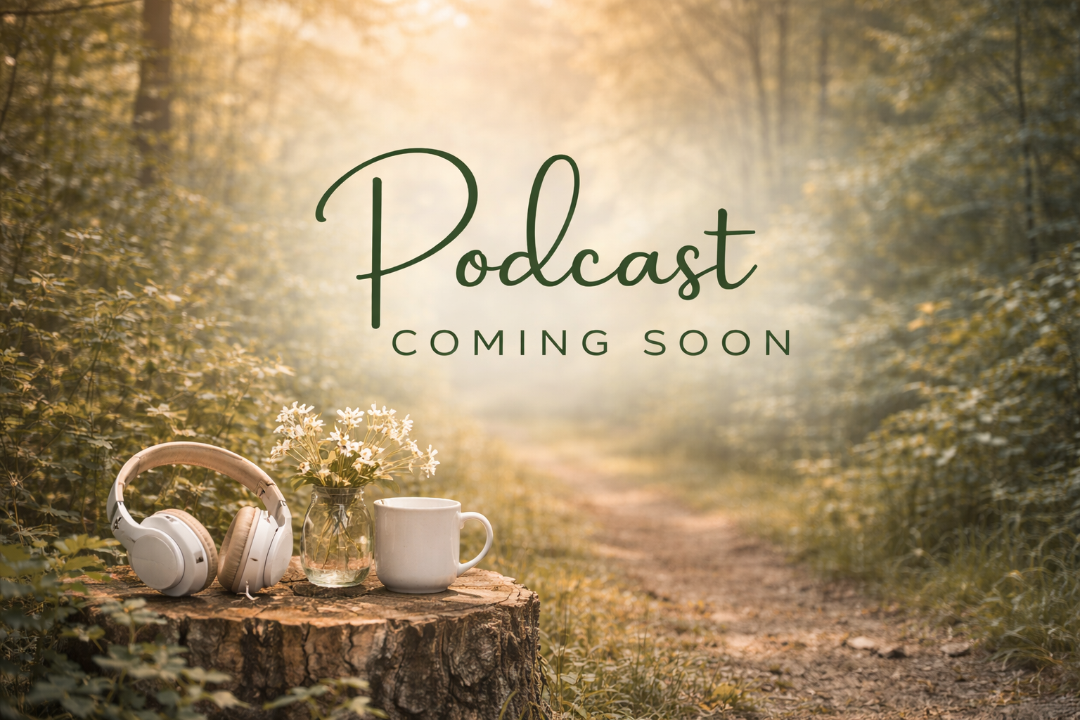 nature with cup and headphones on tree stump