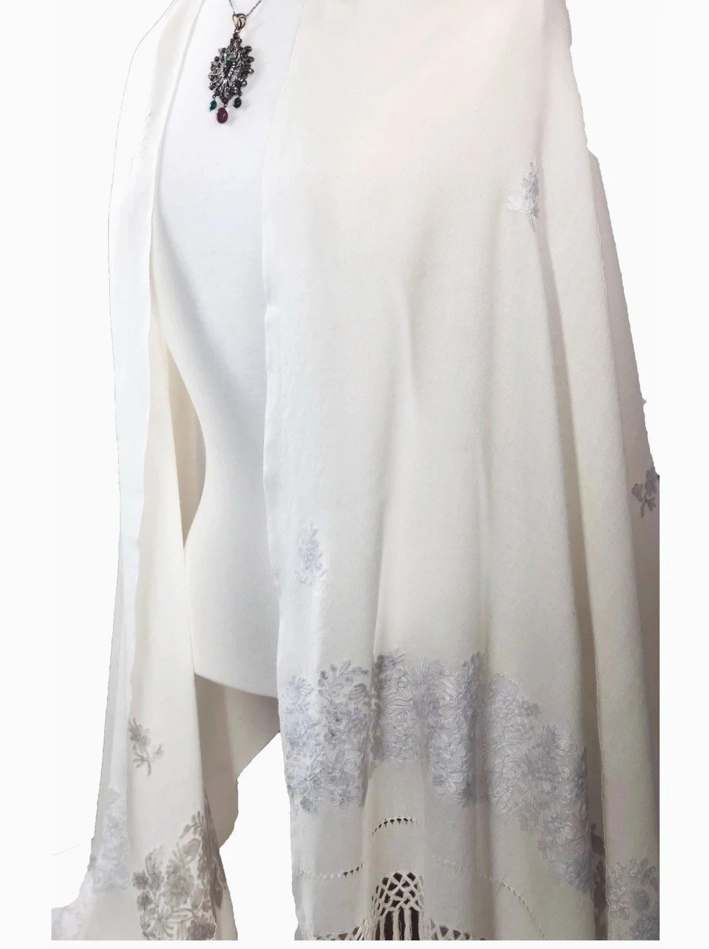 Meditation Shawl Ivory Embroidered Wool