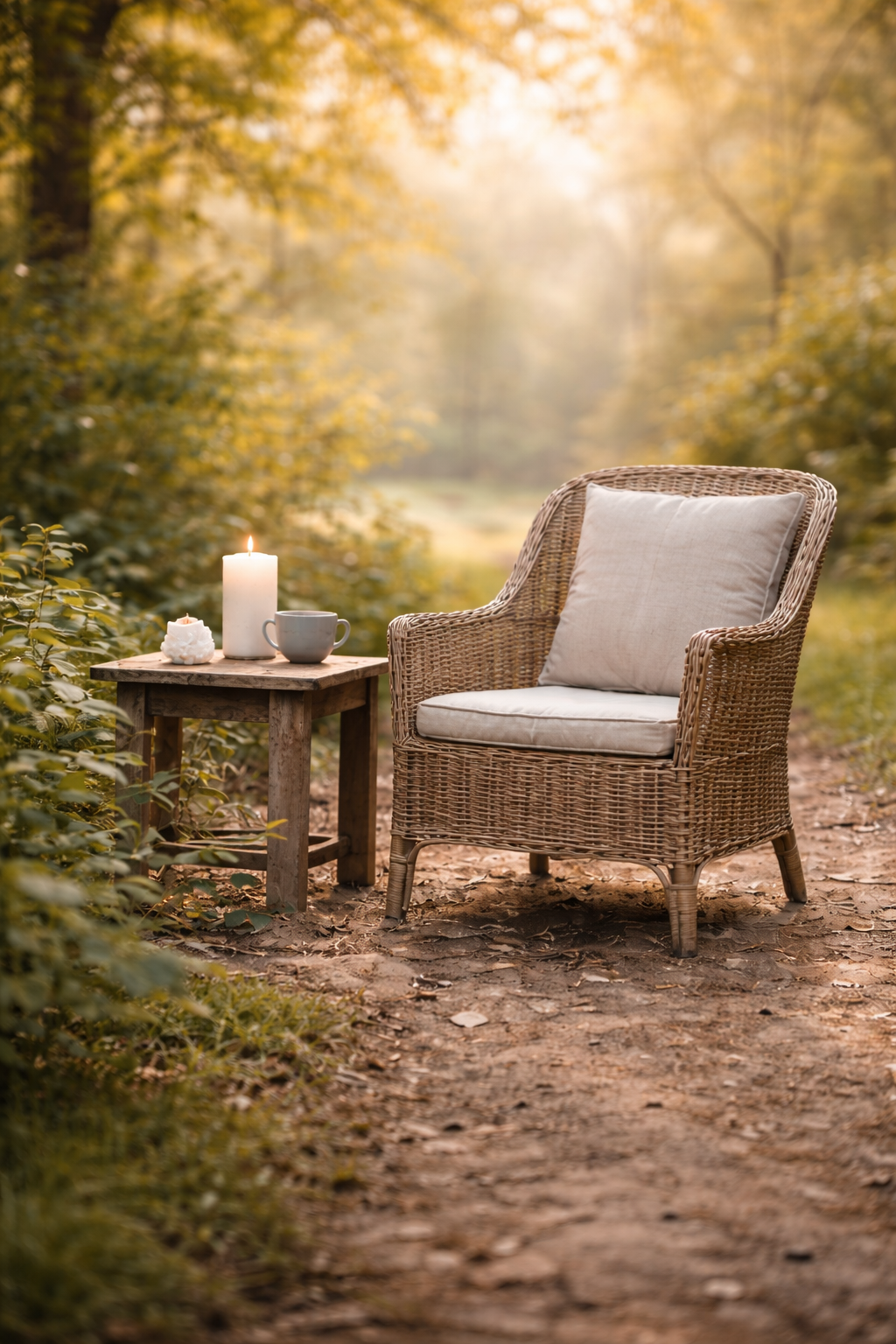 single chair with candle in nature