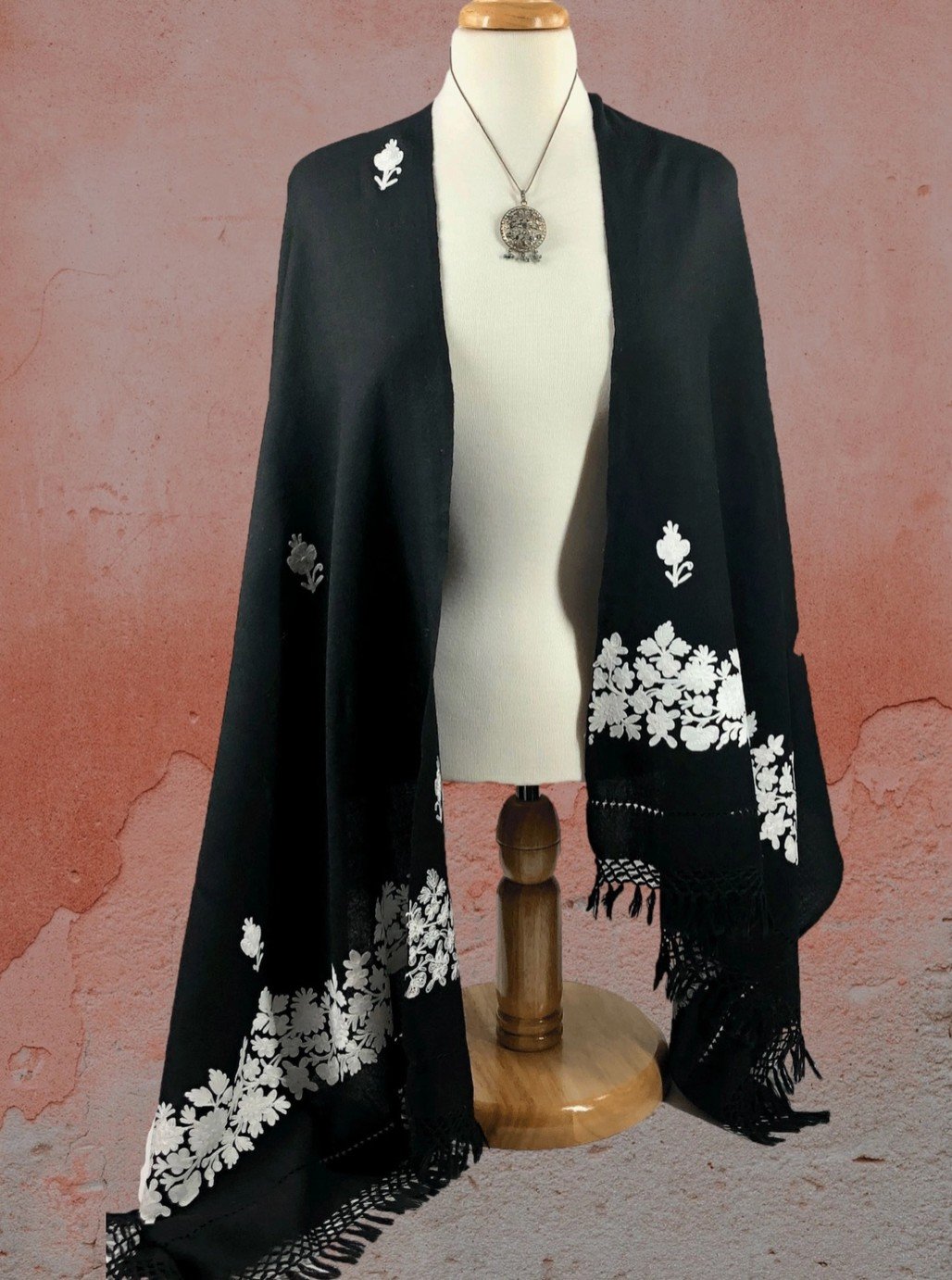 Meditation Shawl Black & White Embroidered Wool