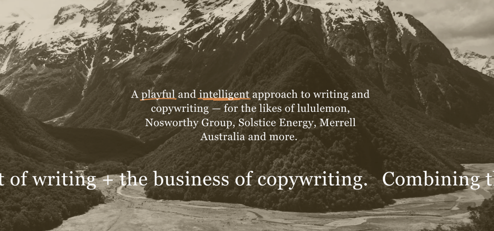 A sepia-toned photo of snow-capped mountains and a river valley, with overlaid text promoting a playful and intelligent approach to writing and copywriting for various brands.