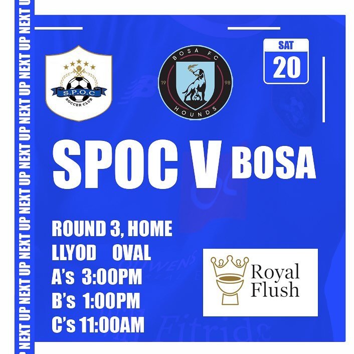 SPOC come up against @bosafc98 at home this weekend in round 3 thanks to our wonderful sponsors @royalflushplumbingsa 

GO SPOC
⚪️🔵