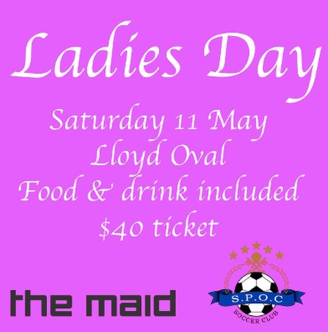 St Peters Old Collegians Soccer Clubs Ladies Day is back for 2024. All Mothers, Grandmothers, partners and all Women of the SPOC Soccer community are invited to join us.

📆 11 May
⏰ 12:30 pm to 4:30pm
📍Lloyd Oval
🎟️ $40

For just $40 there will be