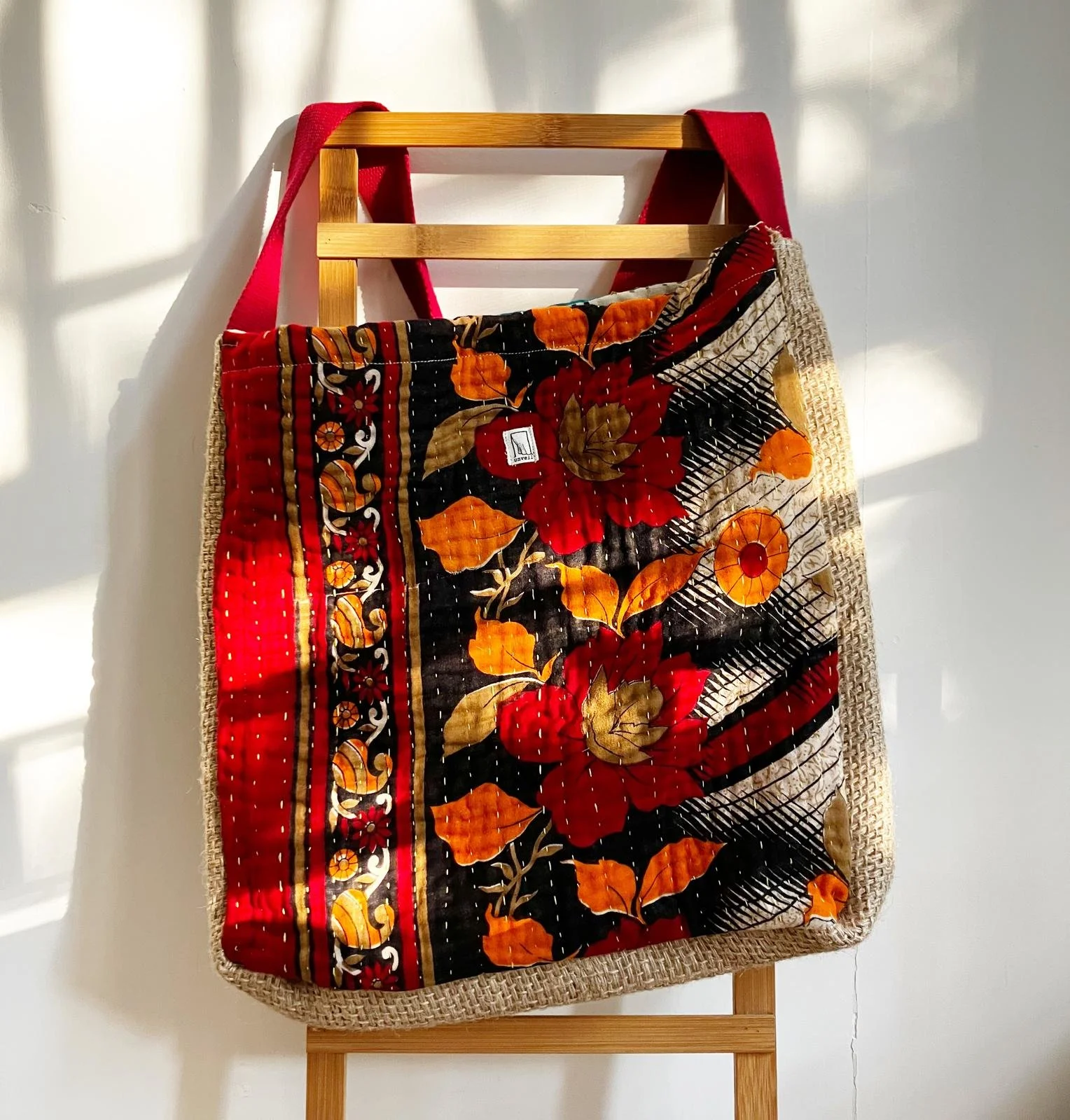 Kantha Artisan Crossbody Bag with Eco-Friendly Coffee Sack
