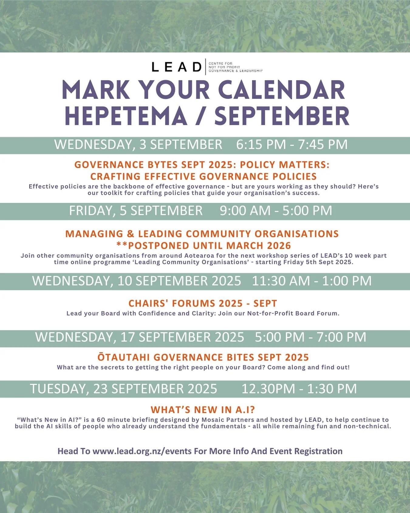 Kia ora LEAD community! 
We have a packed schedule this September with something for every kind of leader and organization. Head to lead.org to register.
