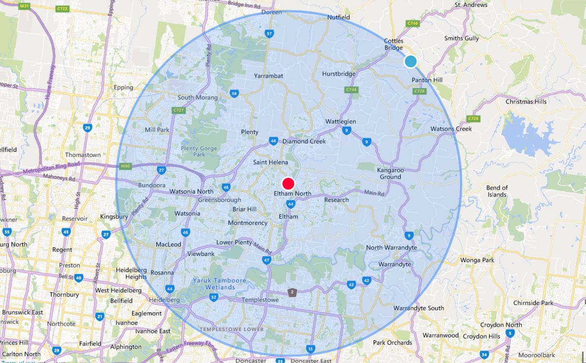 Map of Eltham, Australia, with a radius circle centered on Eltham North, showing surrounding suburbs and roads, including Greensborough, Mill Park, and Watsonia.
