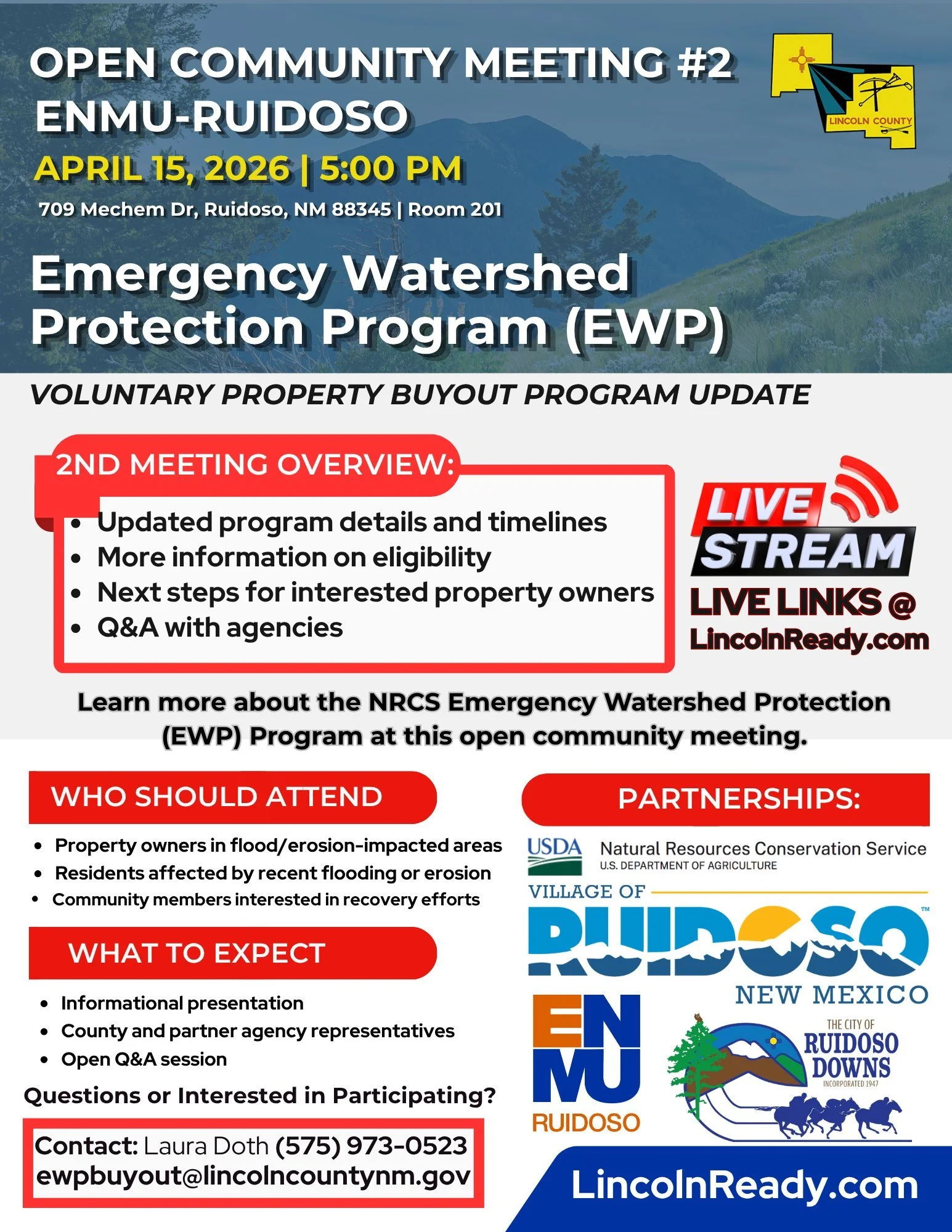 Informational flyer for Open Community Meeting #2 on April 15, 2026 at 5 PM at ENMU-Ruidoso for the Emergency Watershed Protection Program (EWP) Voluntary Property Buyout Program.