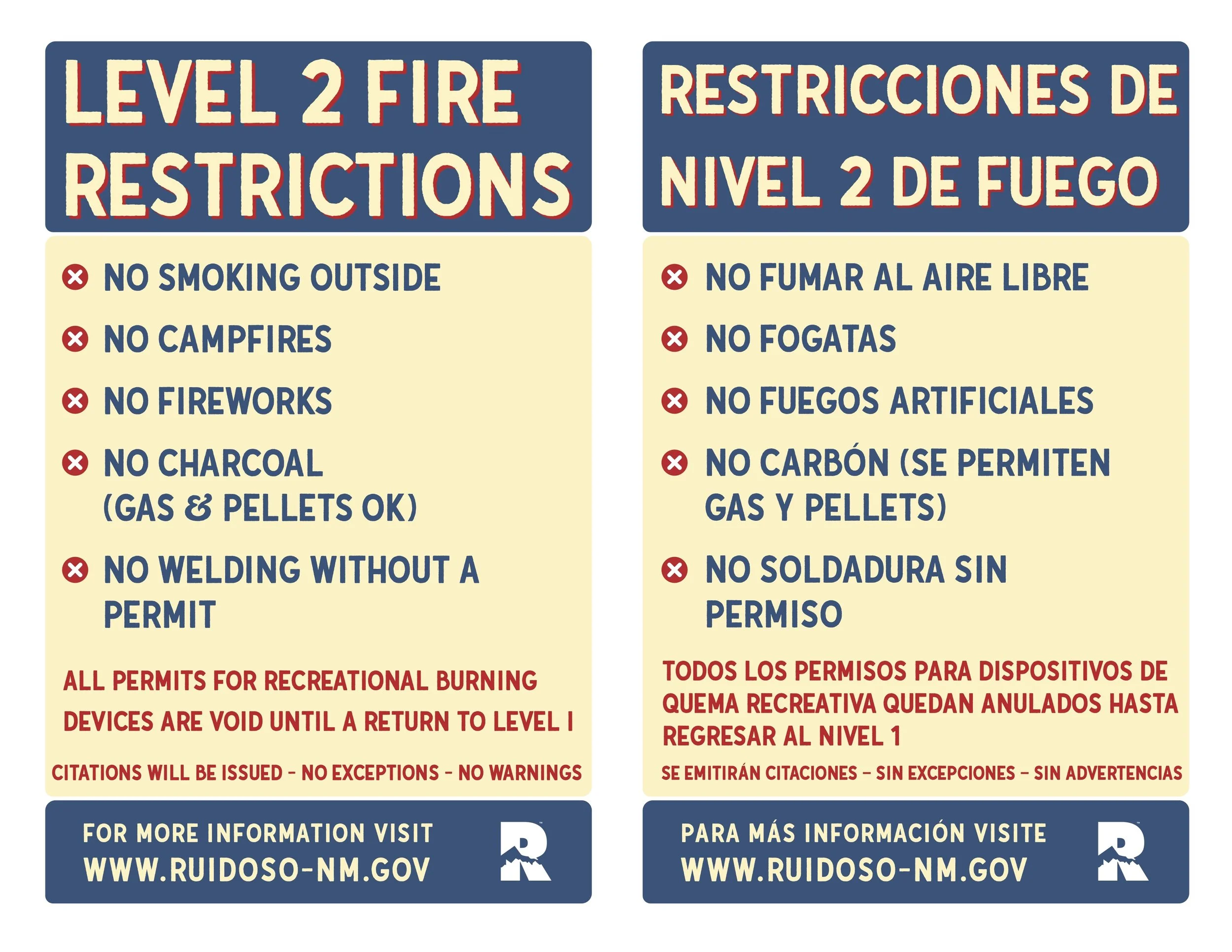 Bilingual Level 2 fire restrictions graphic prohibiting outdoor smoking, campfires, fireworks, charcoal grills, and unpermitted welding.