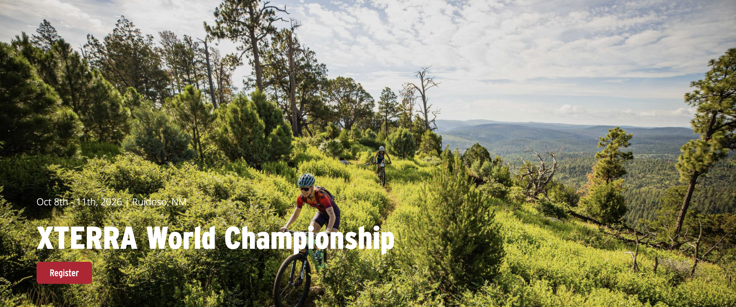 Mountain bikers ride a scenic singletrack trail through the pine forests overlooking the Sacramento Mountains near Ruidoso, New Mexico, during the XTERRA World Championship.