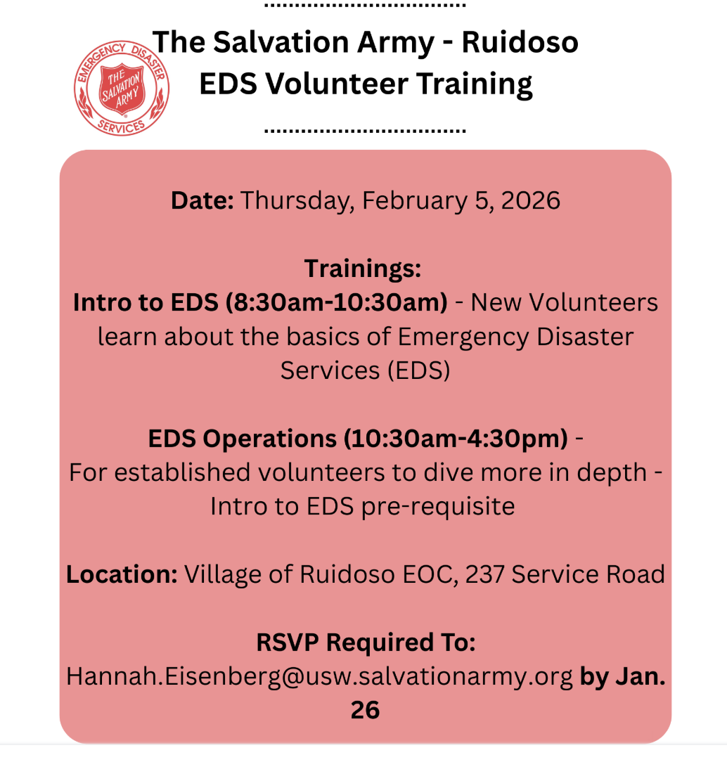 Promotional event graphic for Emergency Disaster Services (EDS) volunteer training on Thursday, February 5, 2026, in Ruidoso, NM