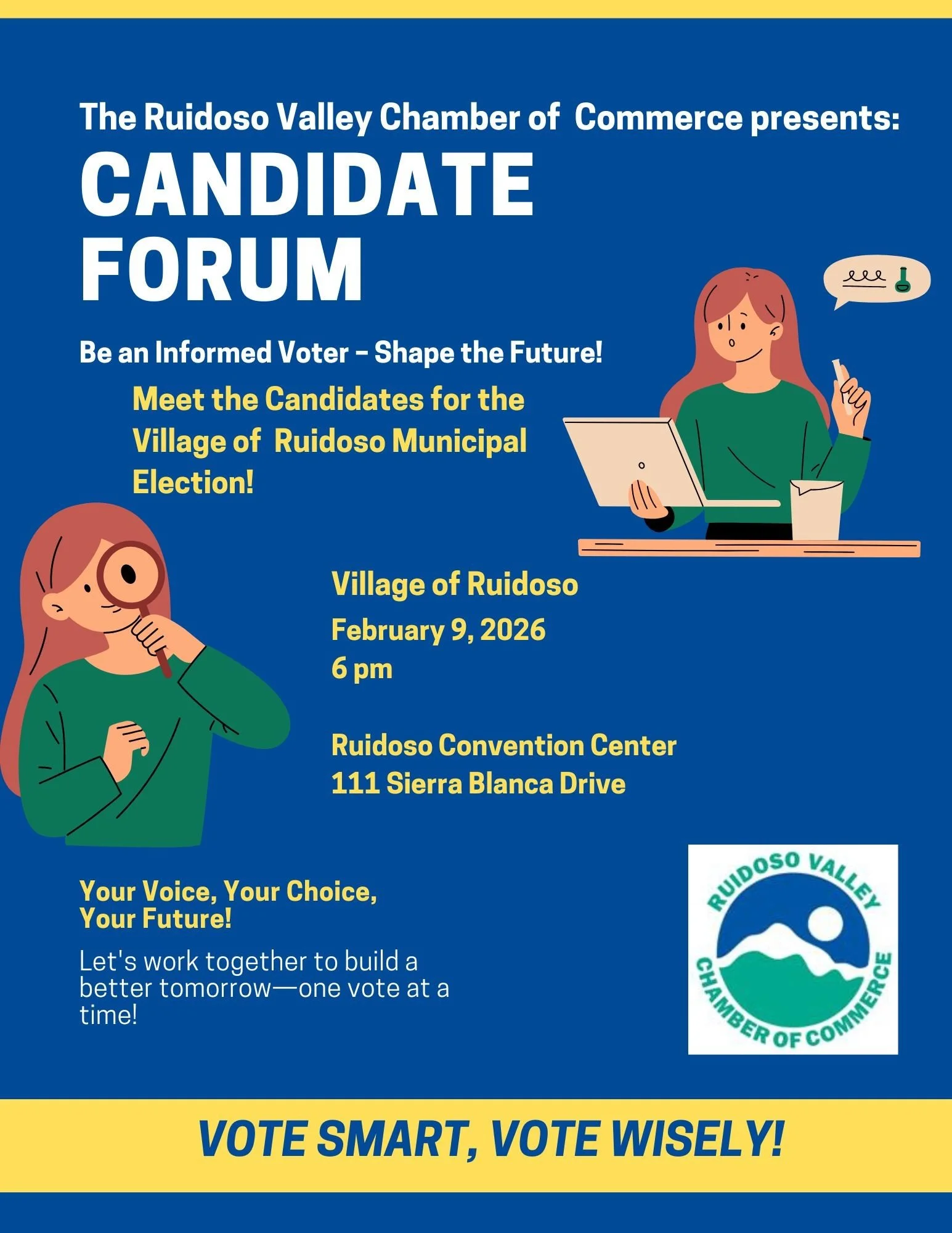 Promotional event graphic for The Ruidoso Valley Chamber of Commerce Candidate Forum to be held on February 9, 2026, at 6:00 pm at the Ruidsoo Convention Center  in Ruidoso, NM