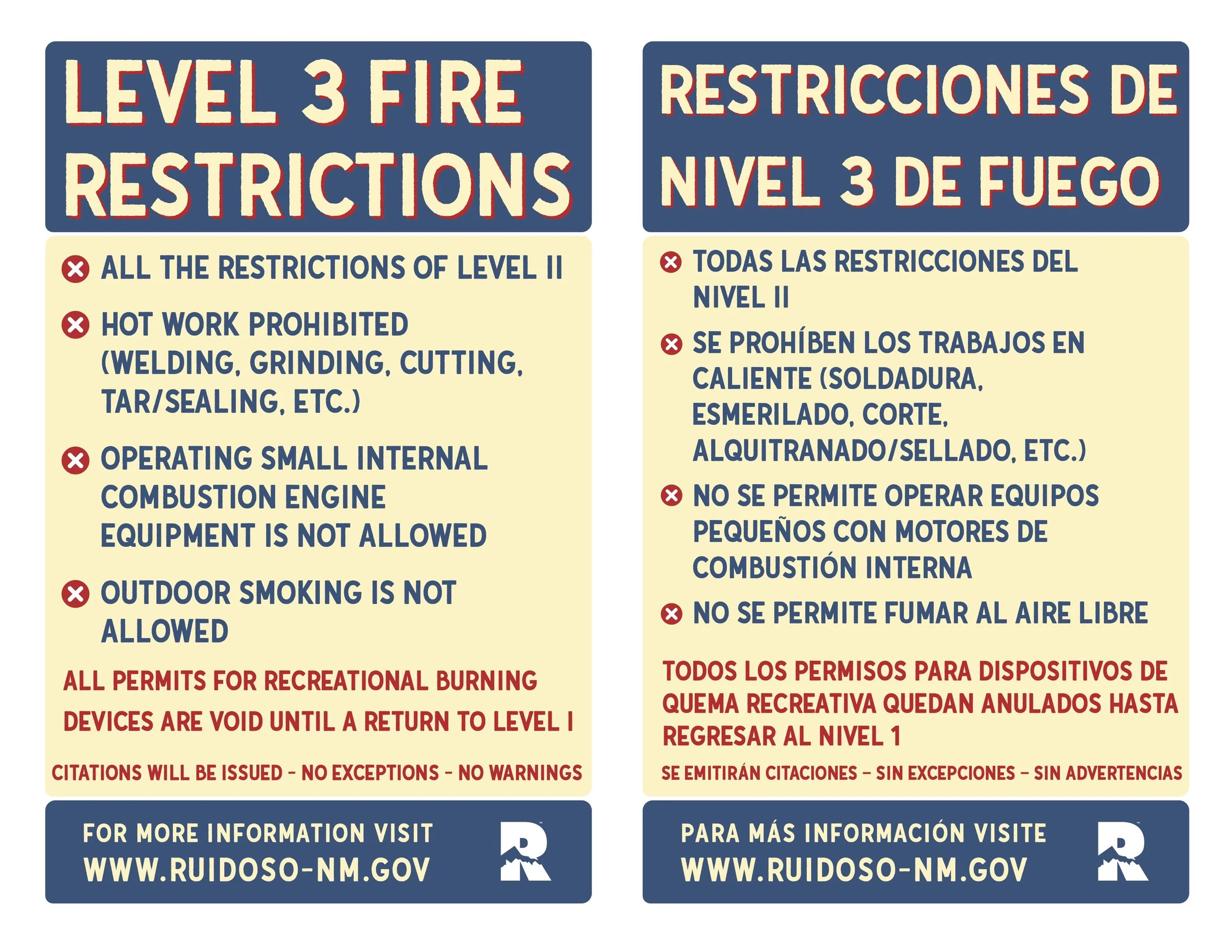 Bilingual Level 3 fire restrictions graphic prohibiting hot work, outdoor smoking, and operation of small combustion-engine equipment.