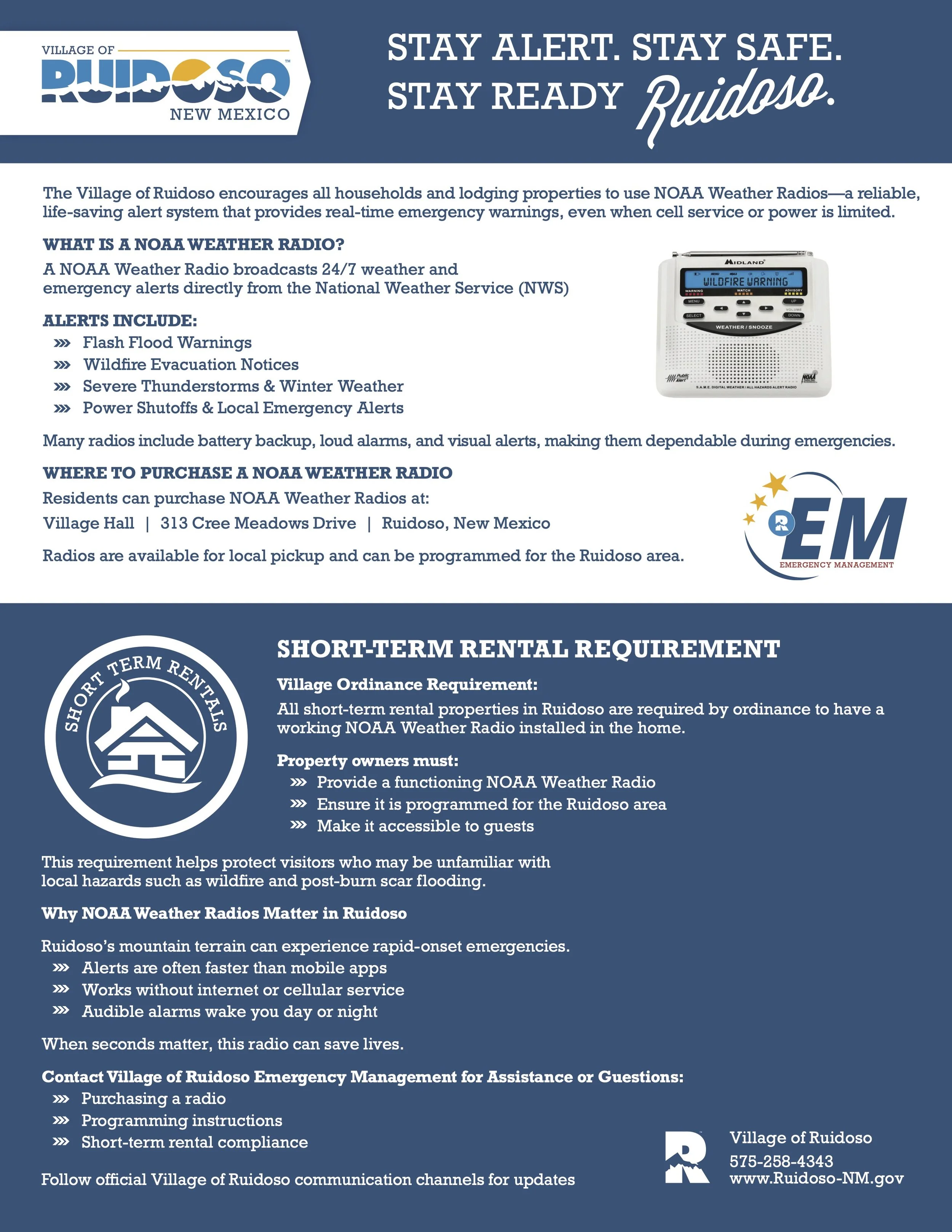 Village of Ruidoso informational flyer explaining the benefits of NOAA Weather Radios, where to purchase them, and the requirement for all short-term rental properties to have a programmed weather radio available for guests.