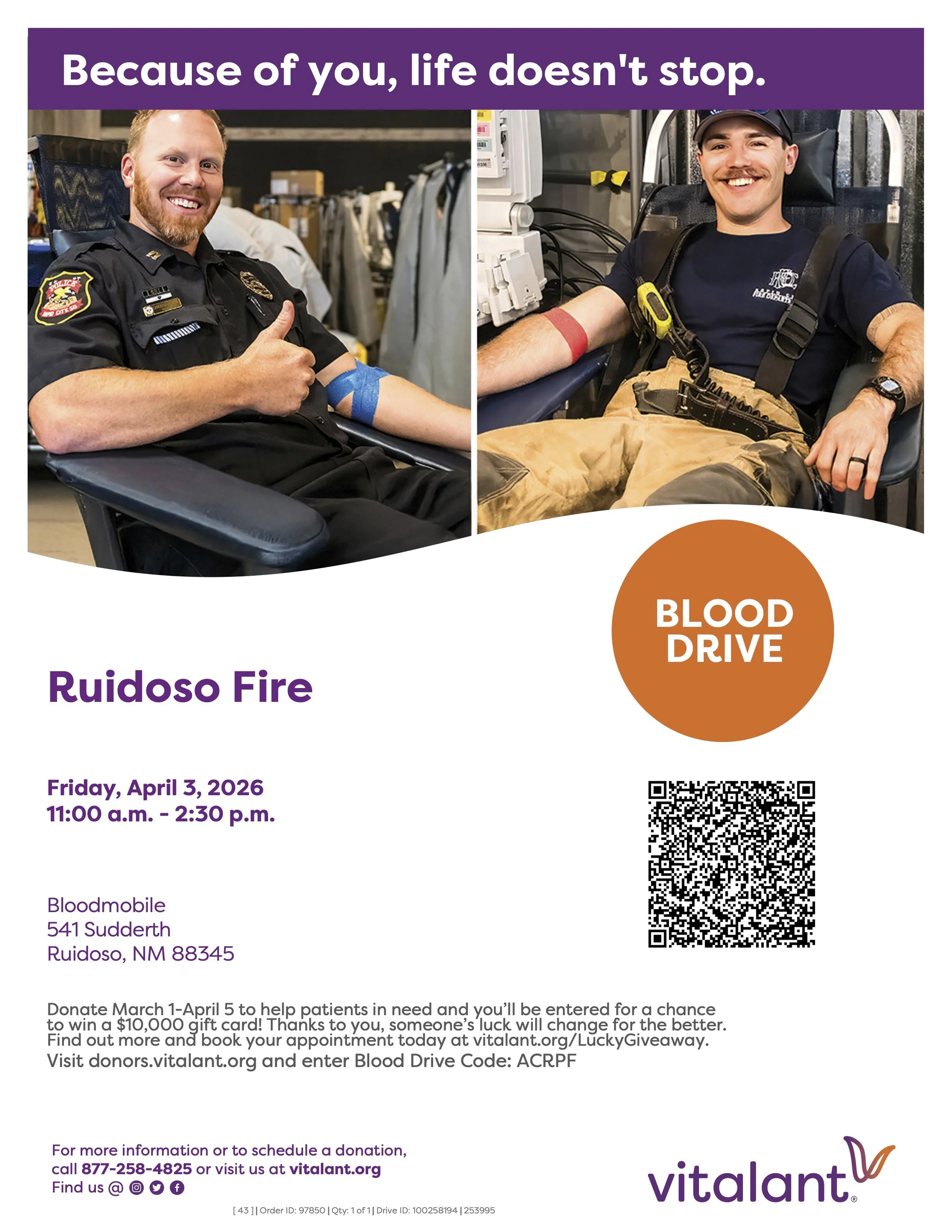 Promotional event graphic for Ruidoso Fire Blood Drive on April 3, 2026, in Ruidoso, NM