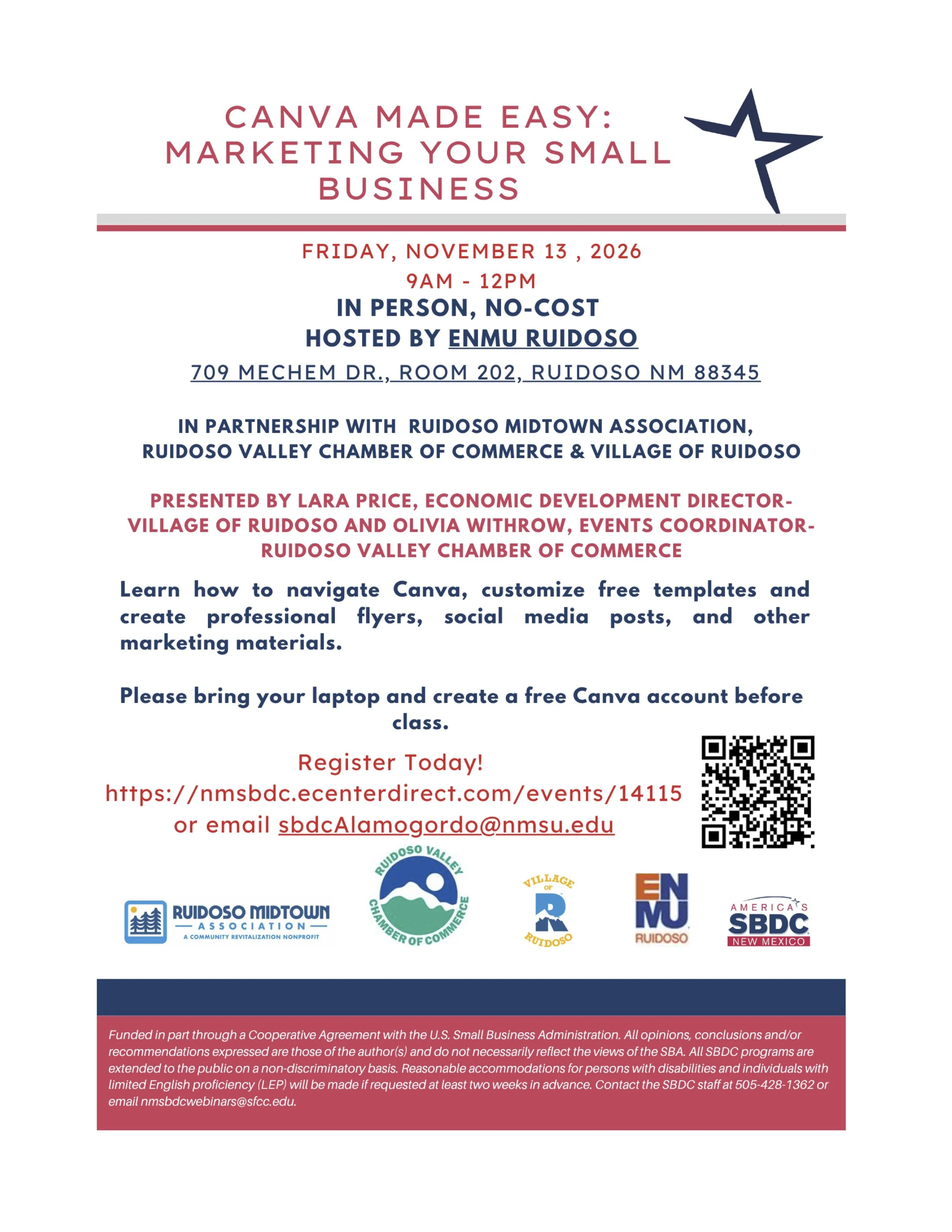 Flyer for Canva Made Easy: Marketing Your Small Business, a free in-person workshop on November 13, 2026, from 9 AM to noon at ENMU-Ruidoso.