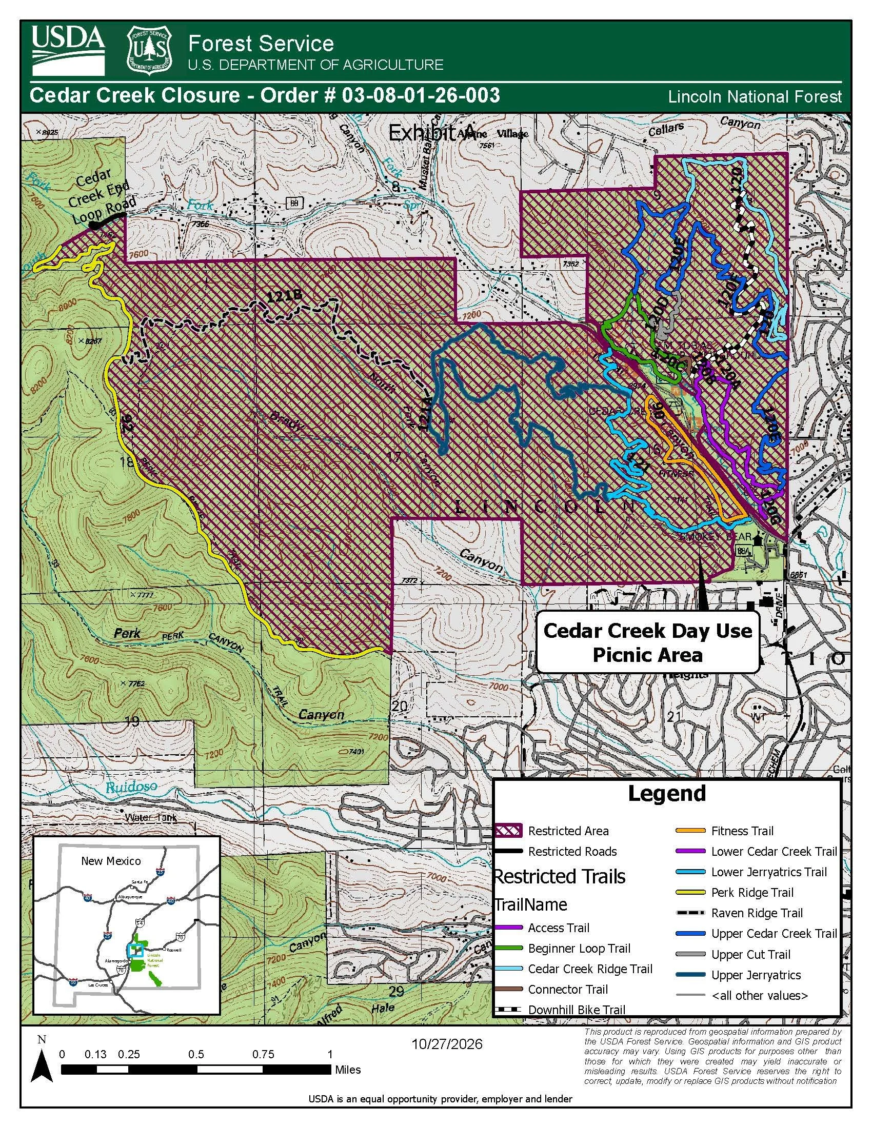 Lincoln National Forest map showing the Cedar Creek closure area near Ruidoso, including restricted lands, roads, and trails. The Cedar Creek Day Use Picnic Area is identified outside the restricted area.
