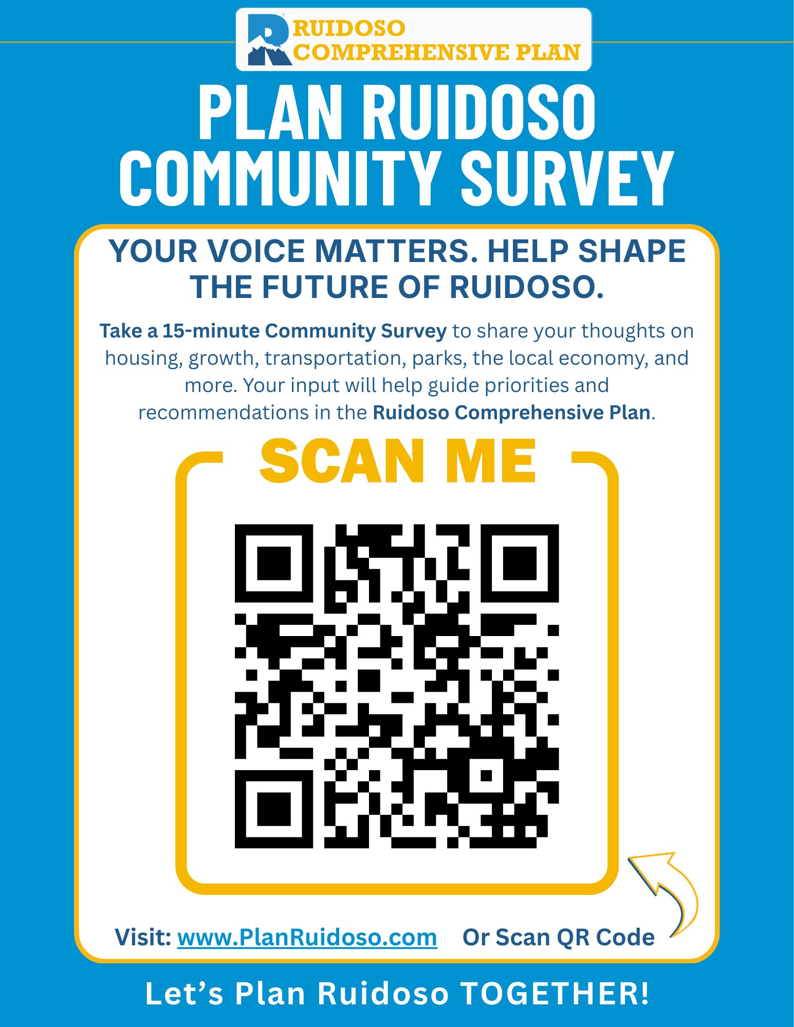 Flyer promoting the Ruidoso Comprehensive Plan Community Survey with a QR code and invitation to help shape the Village’s future by sharing feedback.