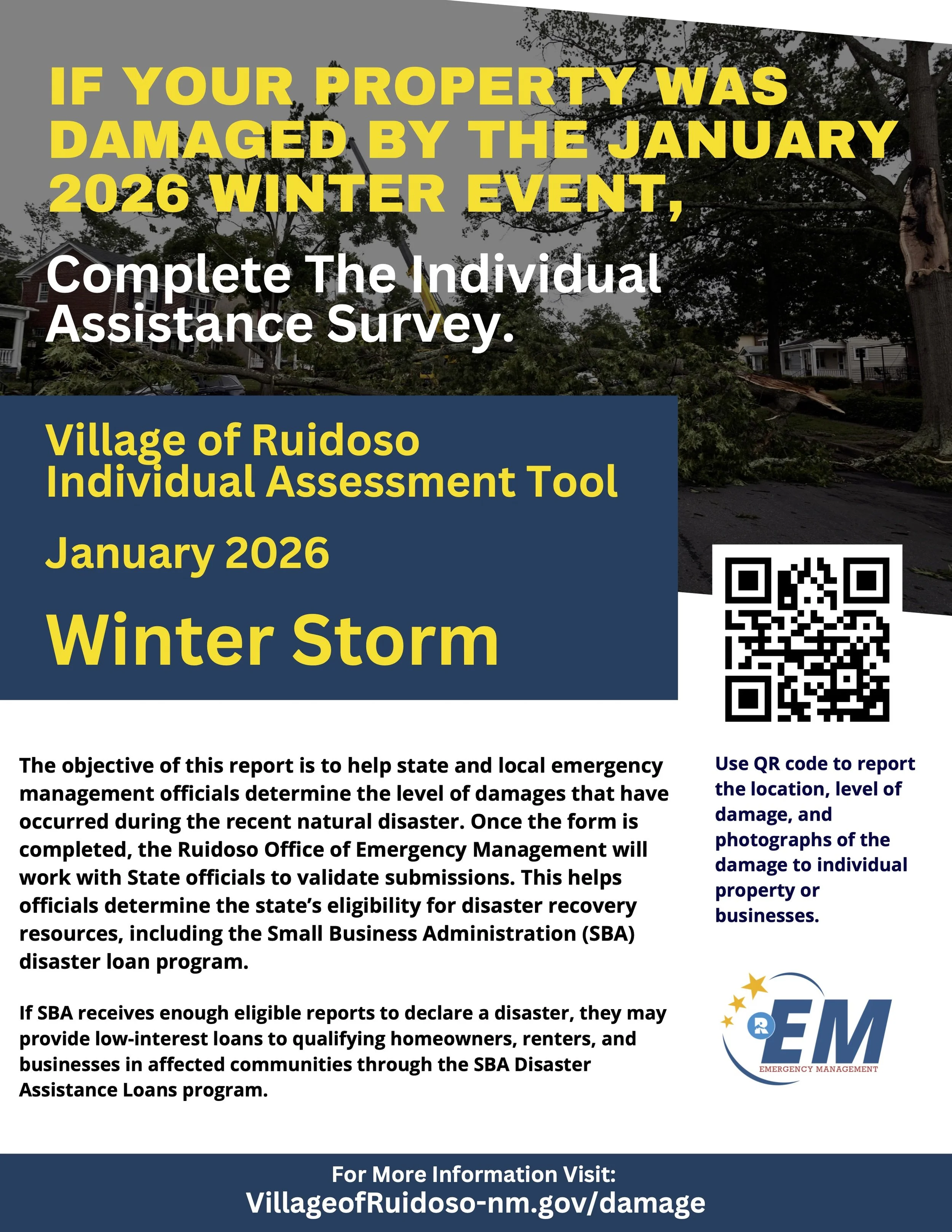 Info-graphic for Village of Ruidoso Individual Assessment Survey for the Jan. 2026 Winter Storm Event. The graphic information is replicated in the article text.