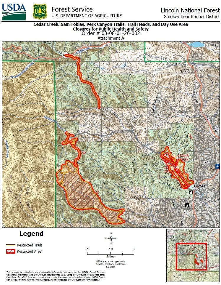 USDA Forest Service closure map showing restricted trails and recreation areas in the Cedar Creek, Perk Canyon, and Smokey Bear Ranger District areas near Ruidoso, New Mexico, due to monsoon-related flooding hazards.