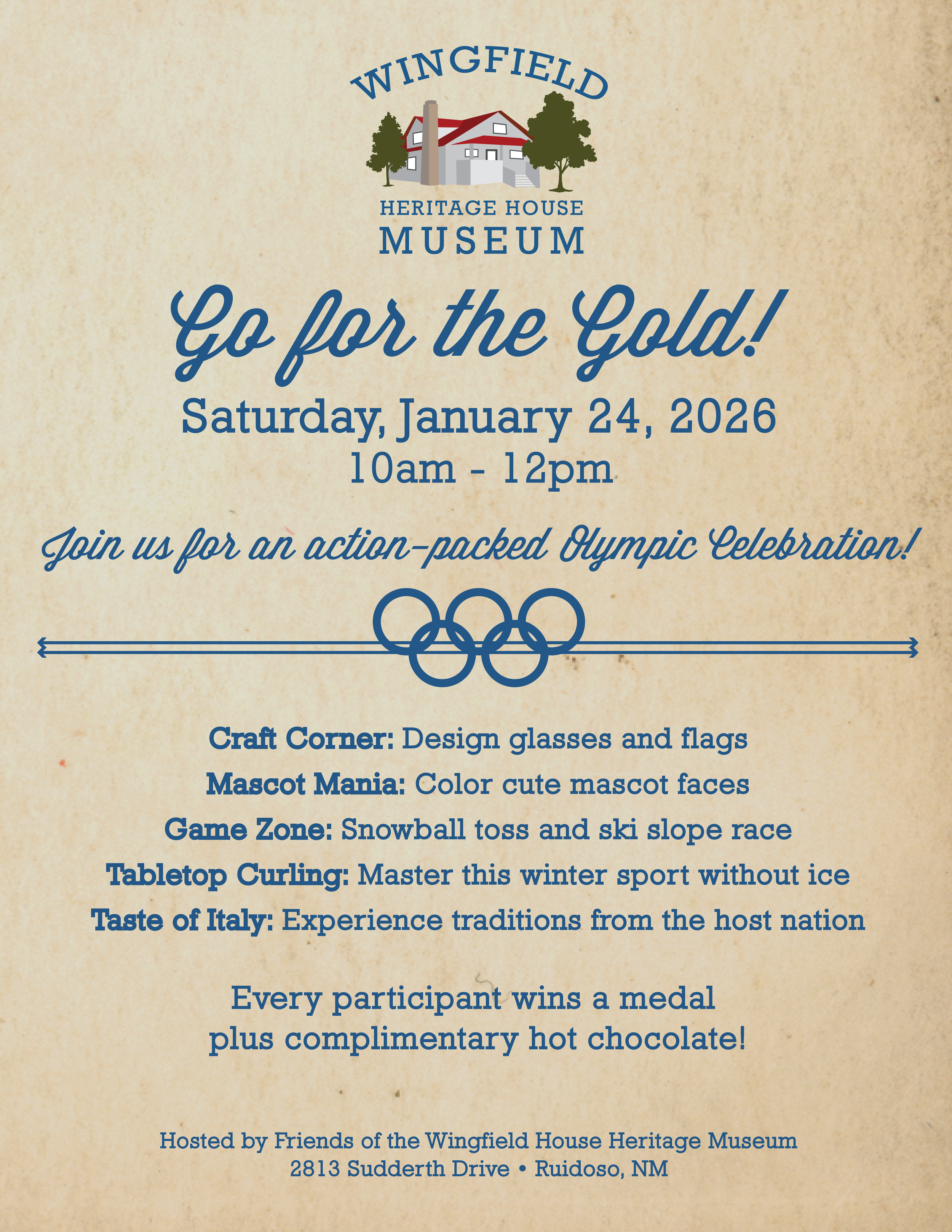 Event poster for Go for the Gold! Olympic Celebration event at Wingrield Heritage House Museum on Jan. 24, 2026, from 10 AM to 12 PM.