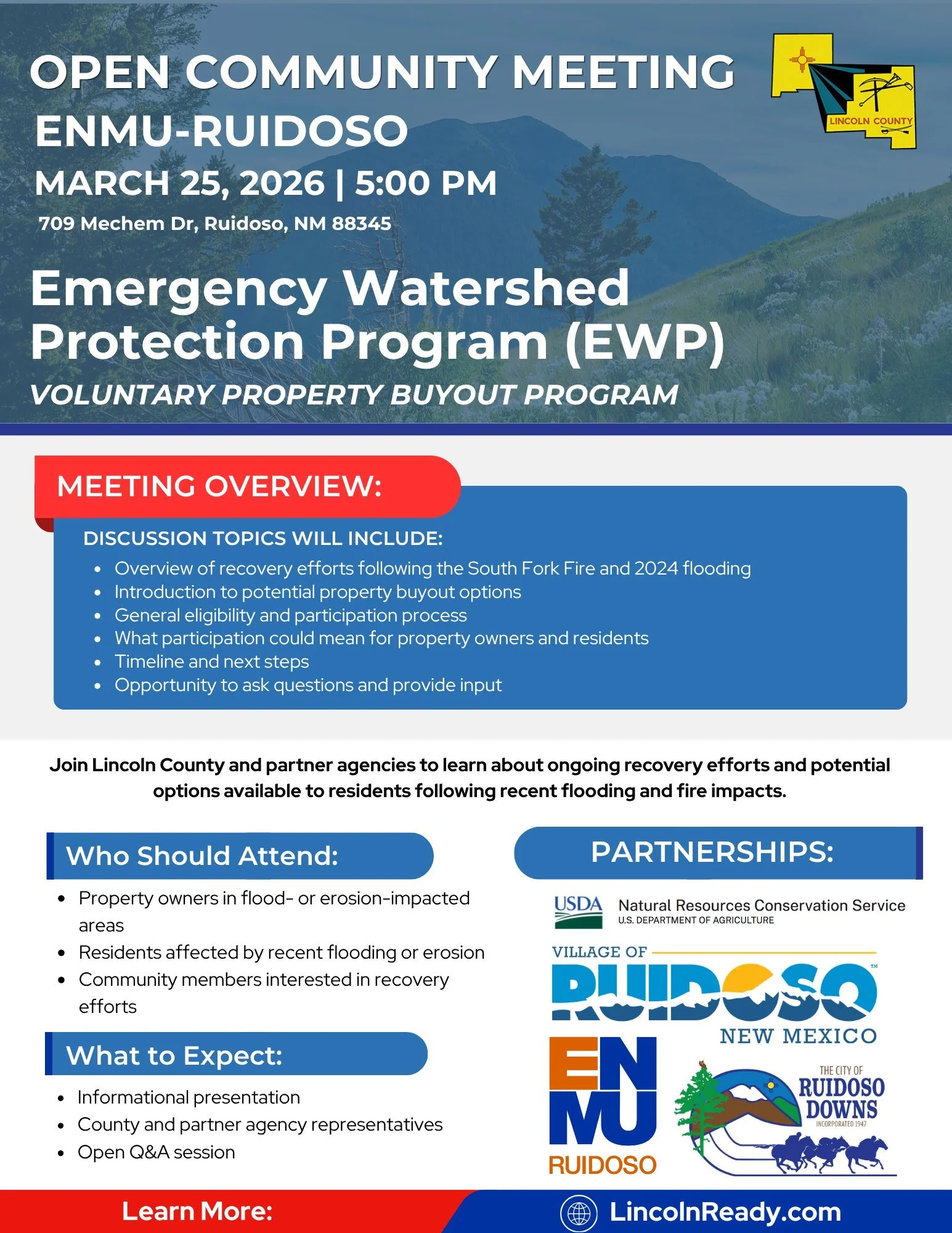Event flyer for Open Community Meeting on March 25, 2026, at 5:00 PM at ENMU-Ruidoso about the EWP Voluntary Property Buyout Program.