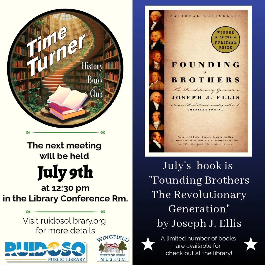 Promotional event graphic for the Time Turner History Book Club Meeting on July 9, 2026, at the Ruidoso Public Library