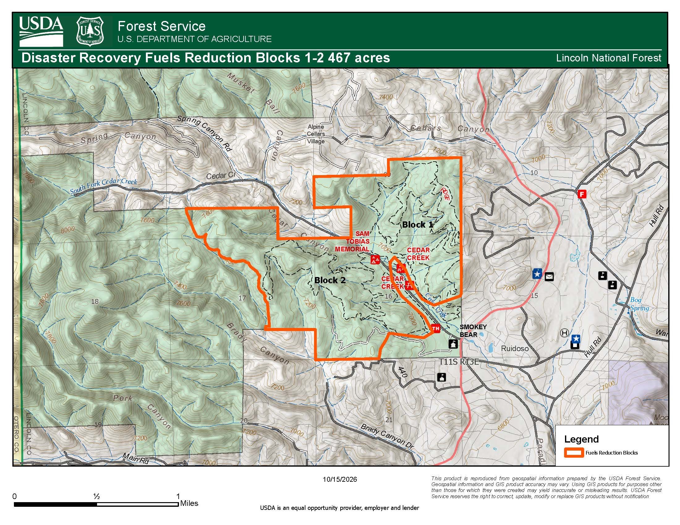 Lincoln National Forest map showing disaster recovery fuels reduction Blocks 1 and 2 near Cedar Creek northwest of central Ruidoso. Map courtesy of the USDA Forest Service.