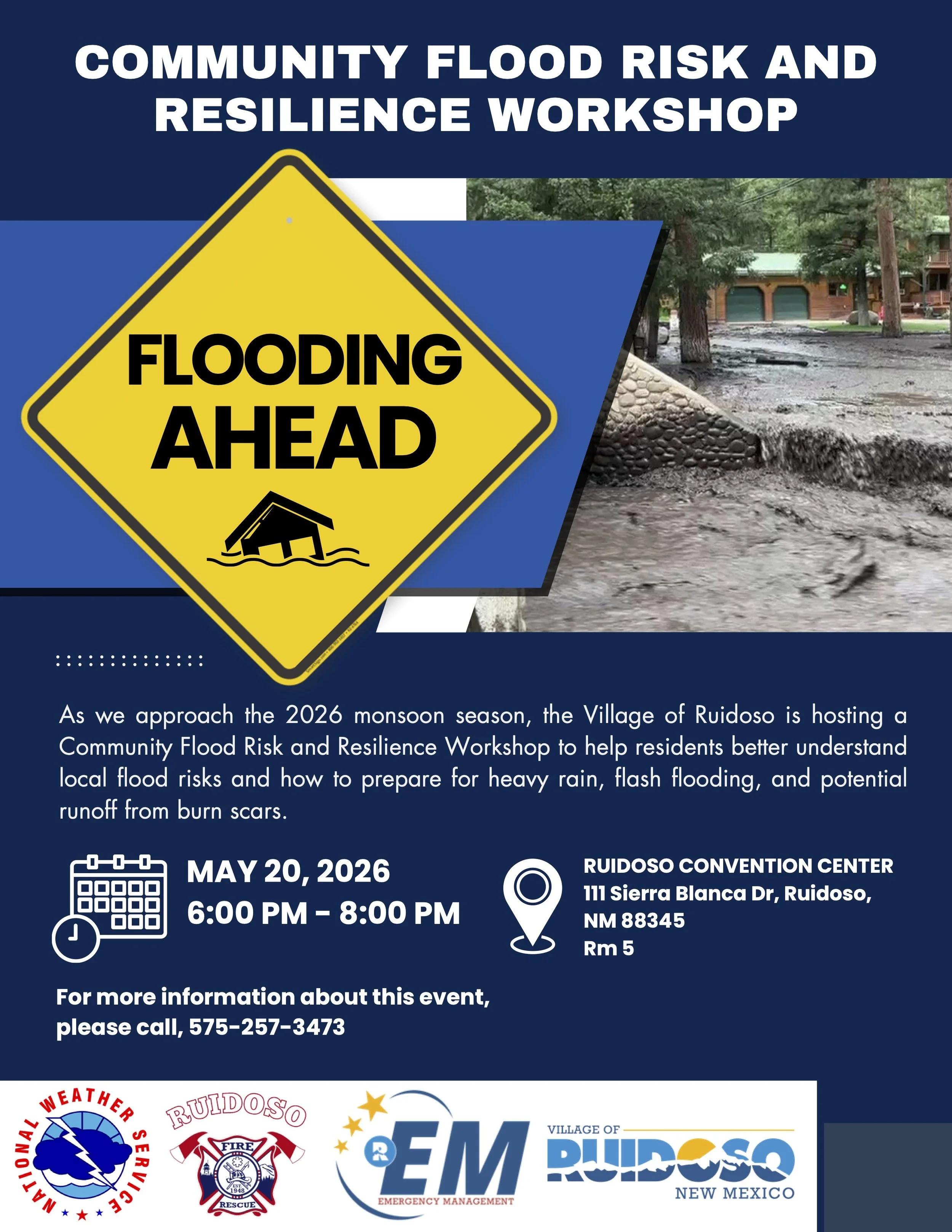 Flood preparedness workshop flyer for Ruidoso with dates, times, and locations.