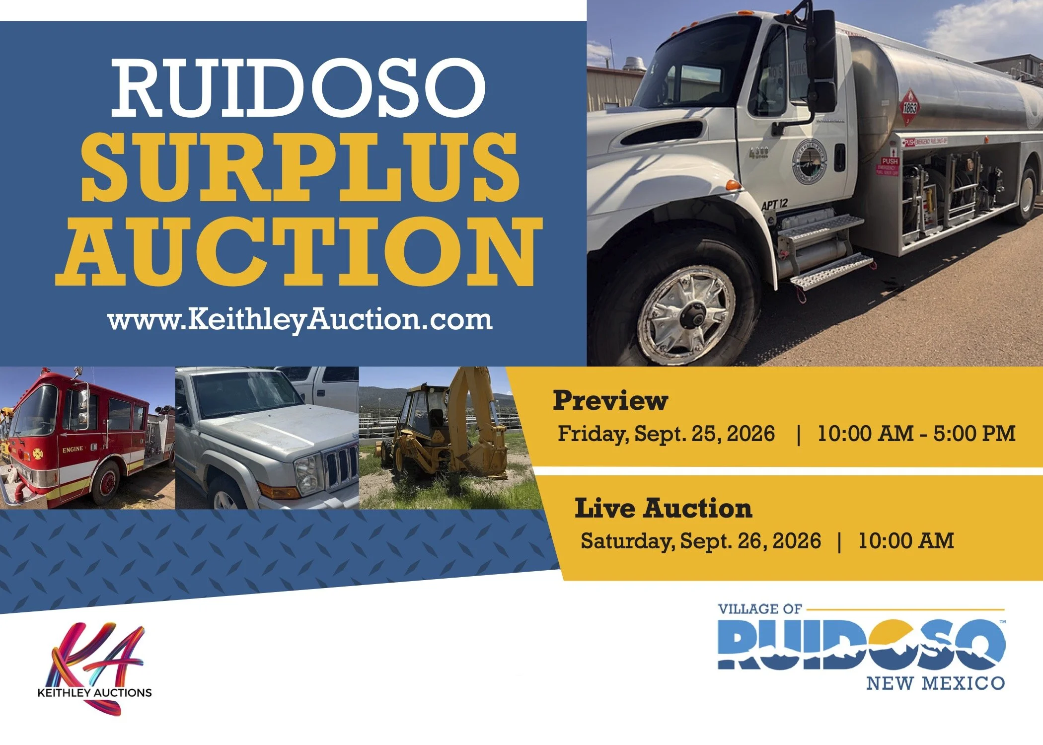 Ruidoso Surplus Auction graphic featuring Village-owned trucks and equipment, with preview September 25 and live auction September 26, 2026.