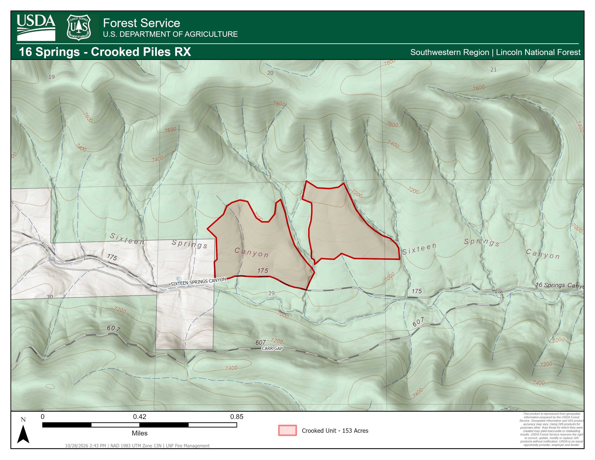 Map of the Lincoln National Forest 16 Springs–Crooked Piles prescribed fire project area near Sixteen Springs Canyon Road, showing the 153-acre Crooked Unit.