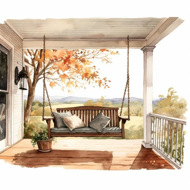 Watercolor illustration of a porch with a wooden swing, pillows, a potted plant, and a scenic landscape with trees and hills in the background.