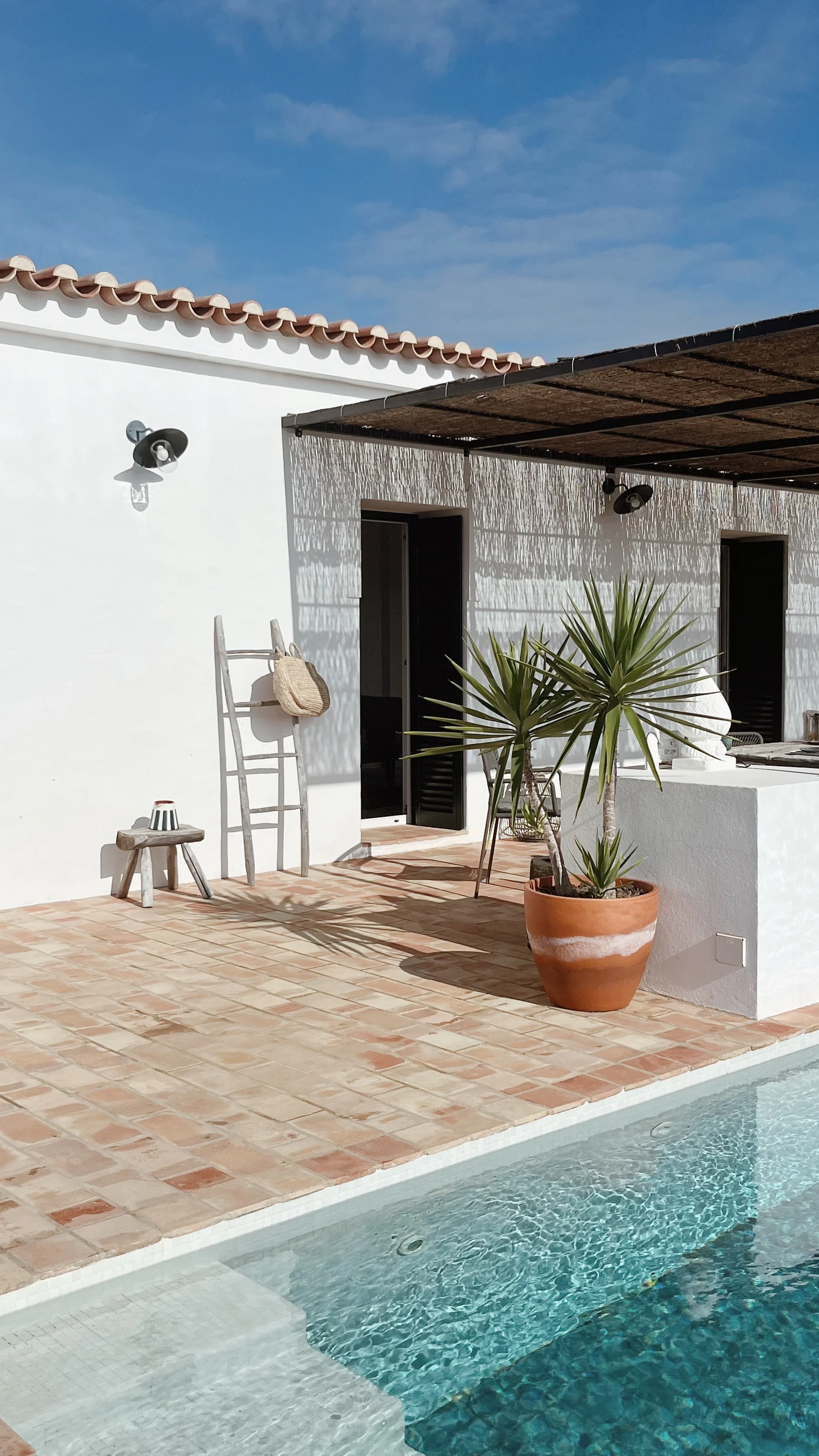 Terrasse avec piscine, grande pot de plante, mobilier en bois, murs blancs, porte-fenêtre, ciel bleu.
