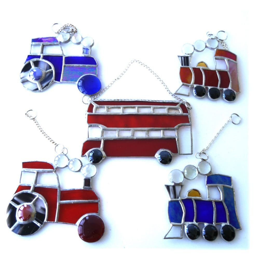 train tractor bus hanging stained glass suncatcher