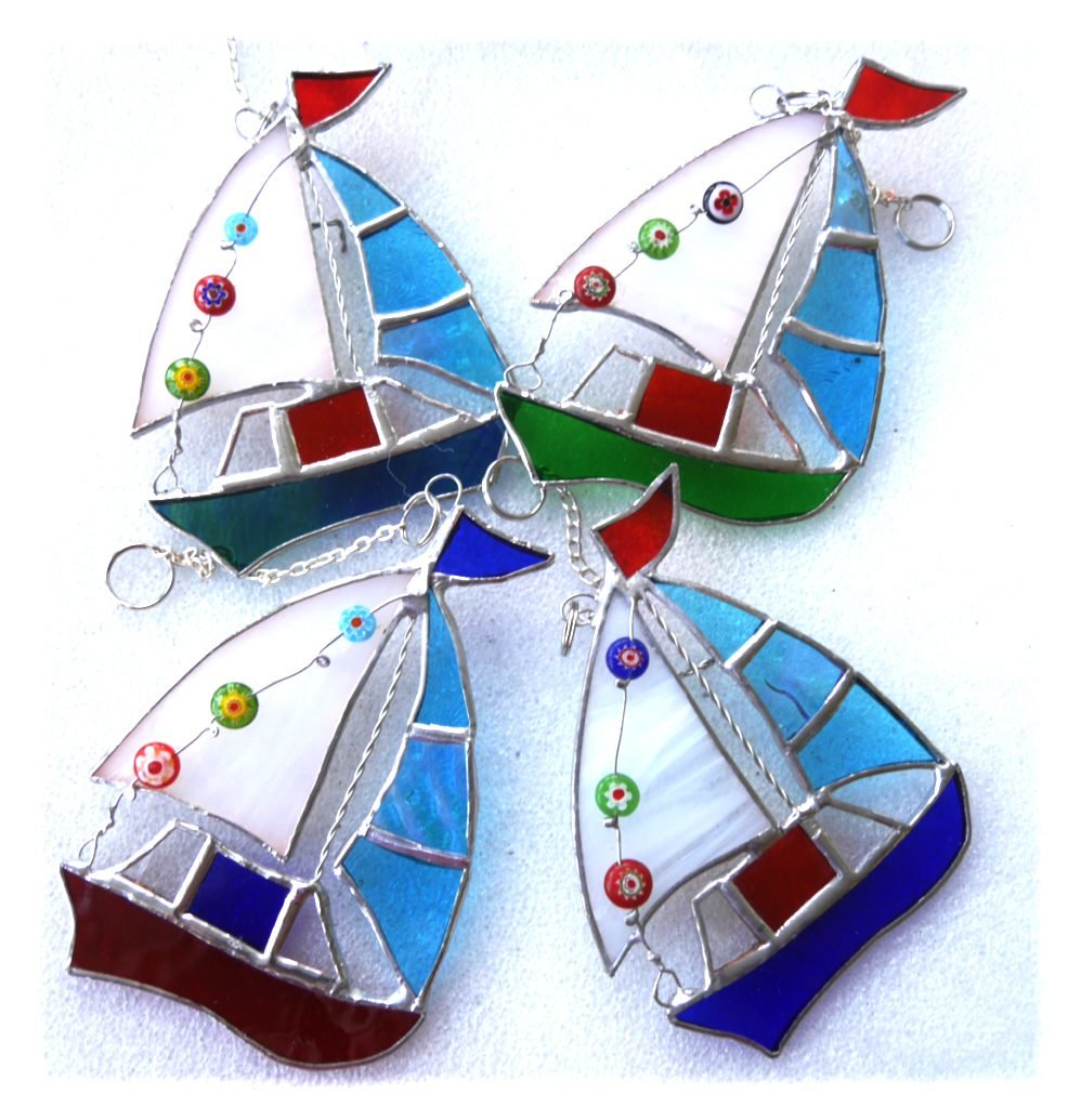 Blue sailboat stained glass suncatcher red flag