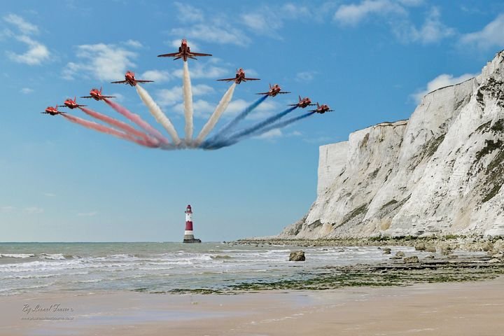 The Red Arrows flying over the Birling Gap Lighthouse