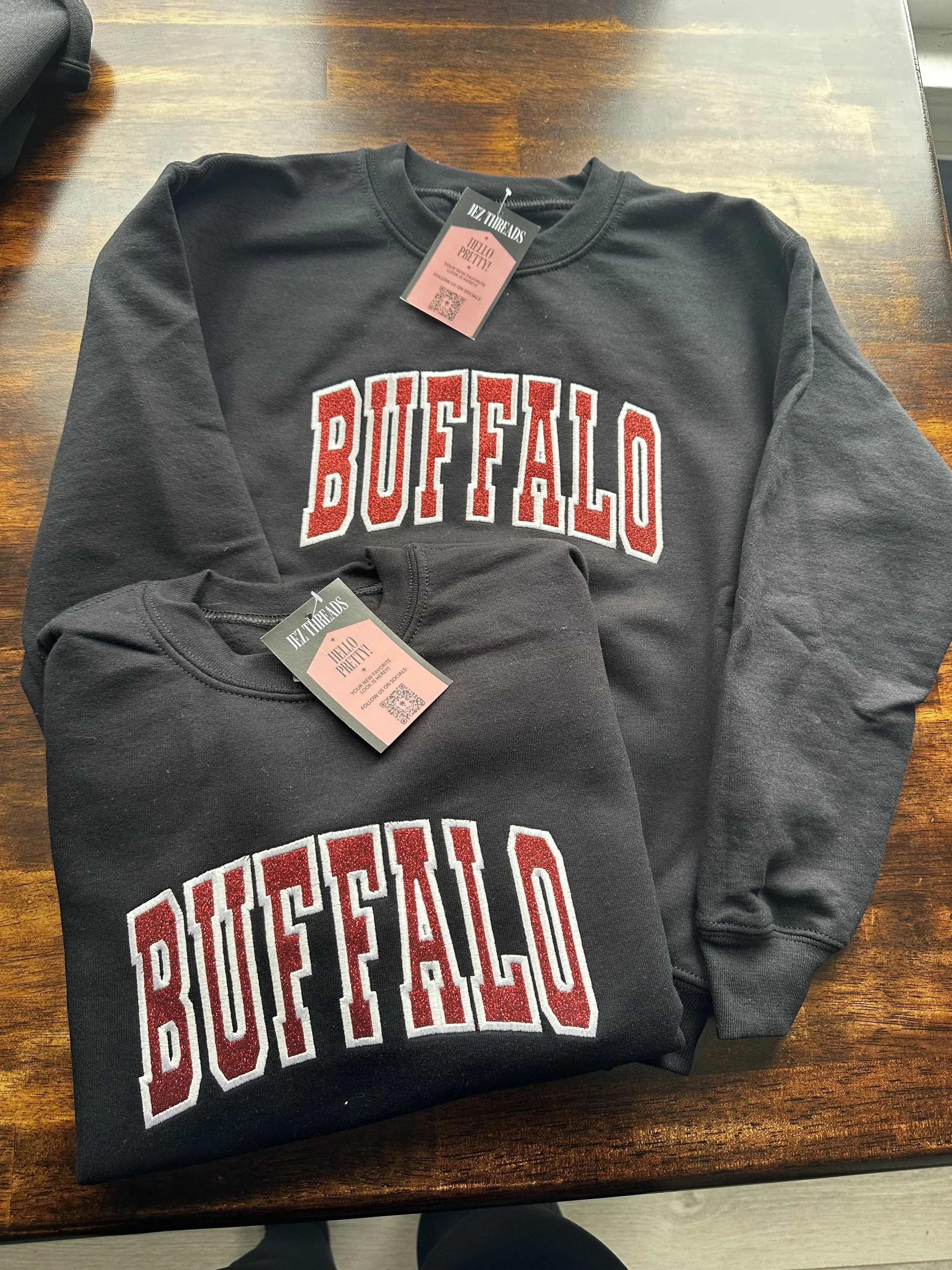 BUFFALO Hockey Glitter Embroidered Youth Crewnecks/Hoodies