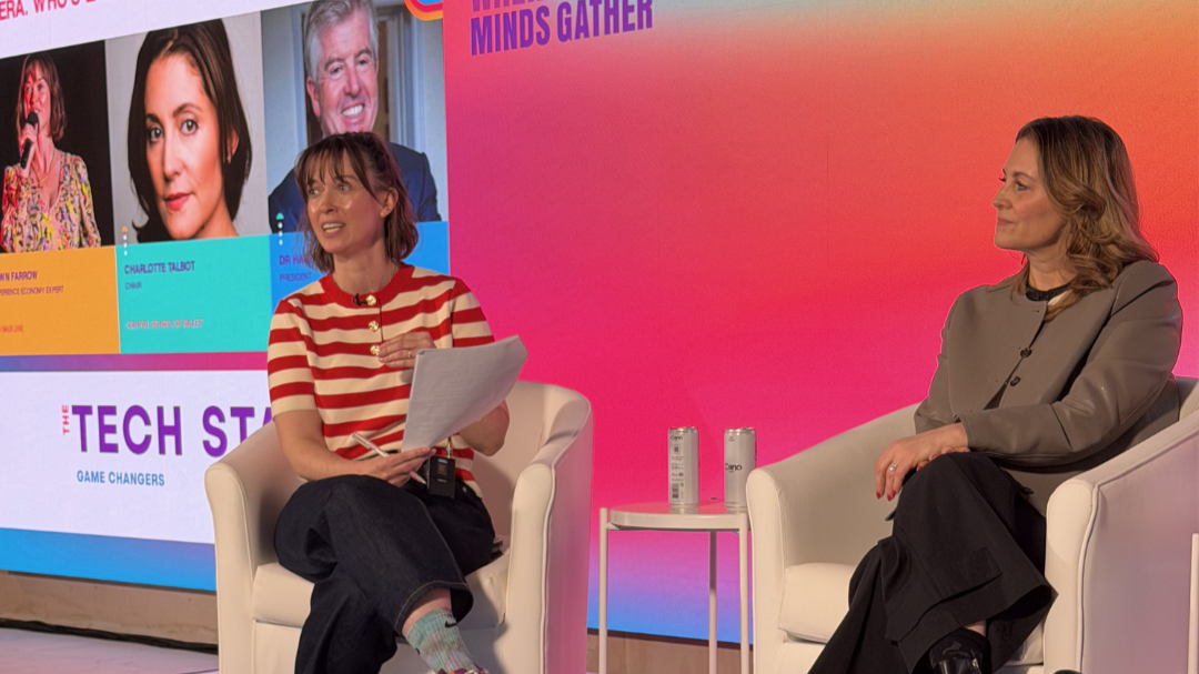 Dawn Farrow on stage presenting at Advertising week europe hosting a panel in response to Timothee Chalamet's comments with ENO and Central School of Ballet