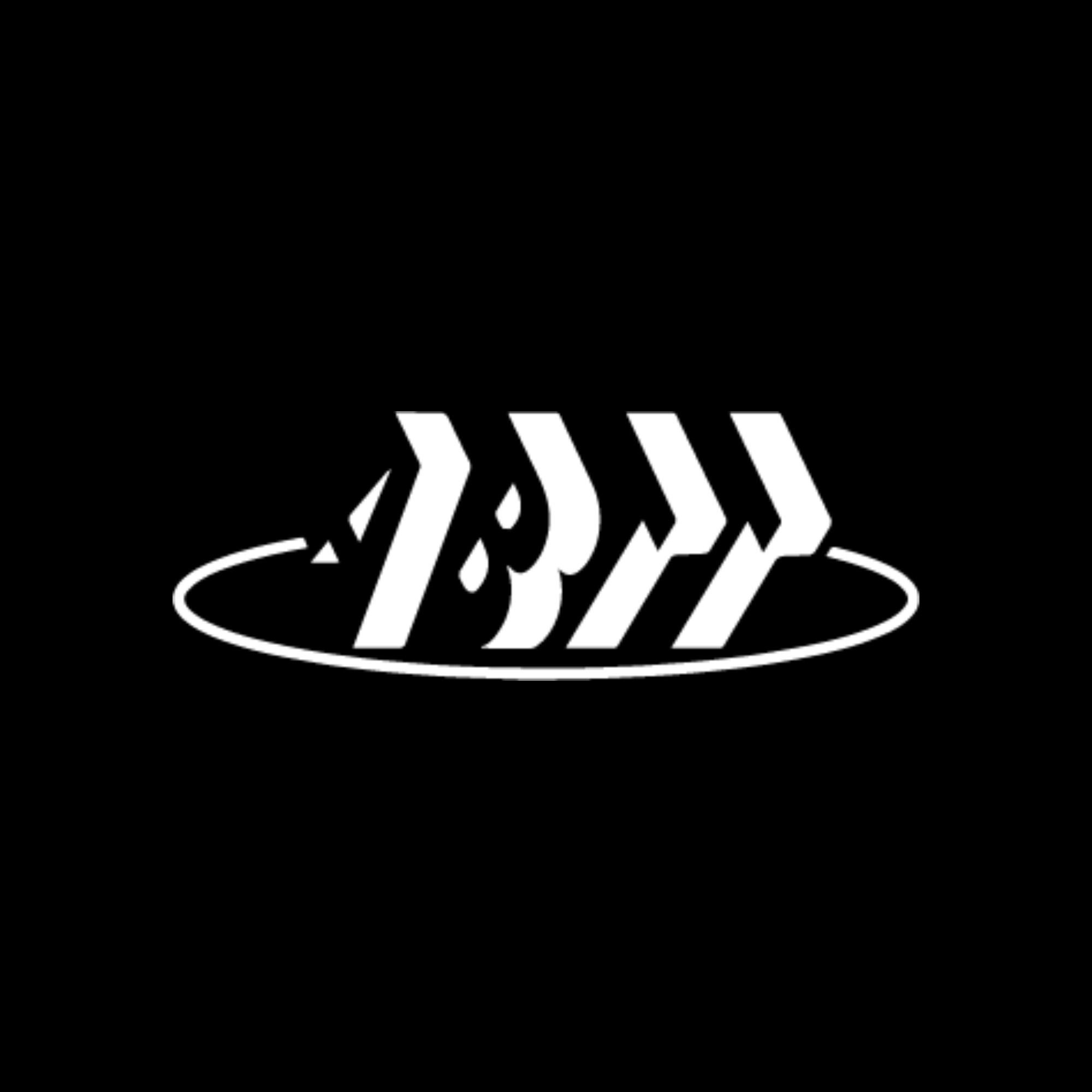 A minimalist black logo on a black background featuring stylized white chevron or arrow shapes arranged to resemble a fish skeleton or spine, enclosed within a white oval ring.
