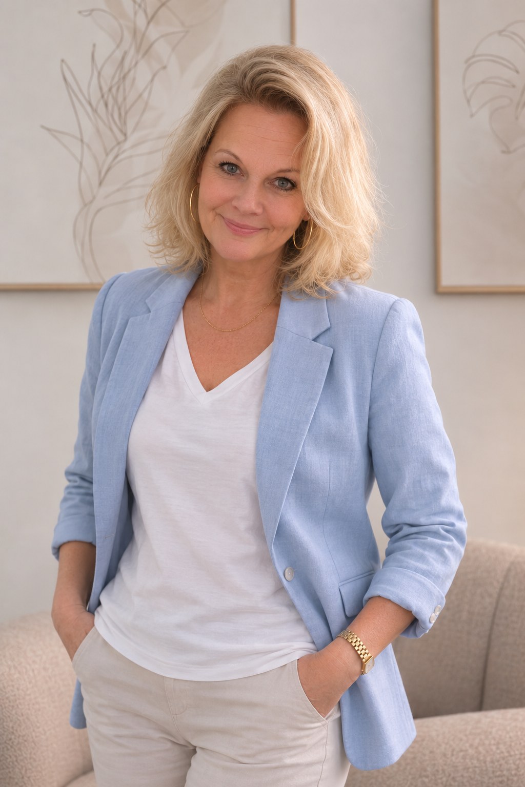 Eine lächelnde Frau mit blonden, lockigen Haaren trägt eine hellblaue Jacke, eine weiße V-Ausschnitt-Bluse, Beige Hosen, Goldschmuck und steht in einem modernen, hellen Raum mit Wandkunst im Hintergrund.