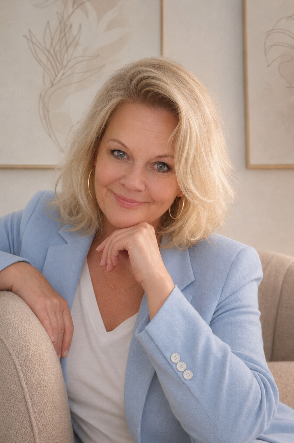 Eine freundlich aussehende blonde Frau lächelt in die Kamera, während sie auf einem Sofa sitzt, mit einem hellblauen Blazer und goldenen Ohrringen, im Hintergrund two abstrakte Wandbilder.
