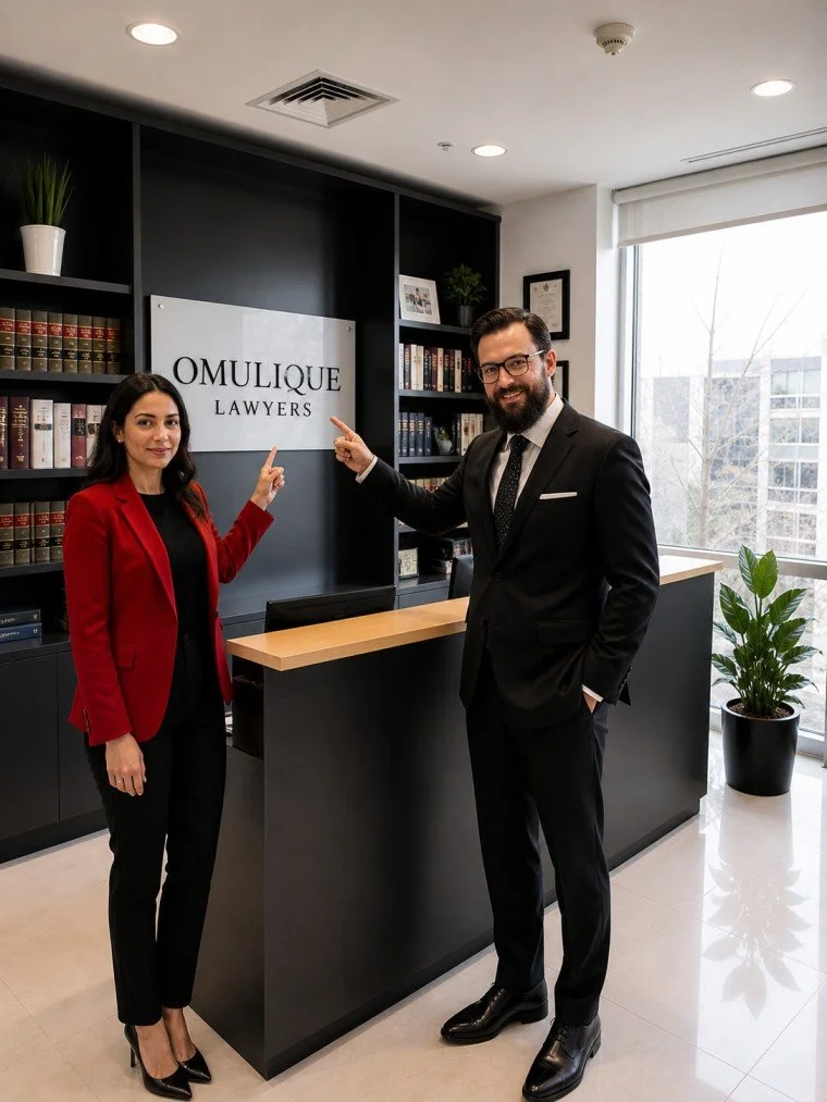 Two professionally dressed individuals, a woman in a red blazer and a man in a black suit, standing in a law office reception area, pointing at a sign that says 'OMULIQUE LAWYERS' on the wall behind them.