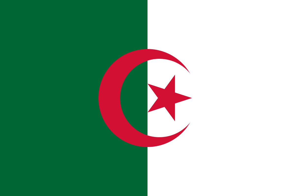 Algerian flag with green and white vertical stripes separated by a red crescent and star.