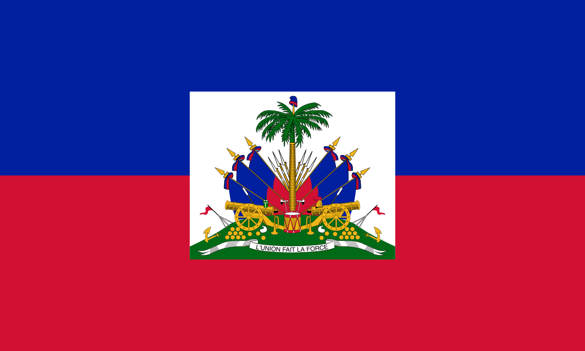 Haitian flag with blue and red horizontal stripes and a central emblem including palm tree, cannons, and the motto 'L'Union Fait La Force'.