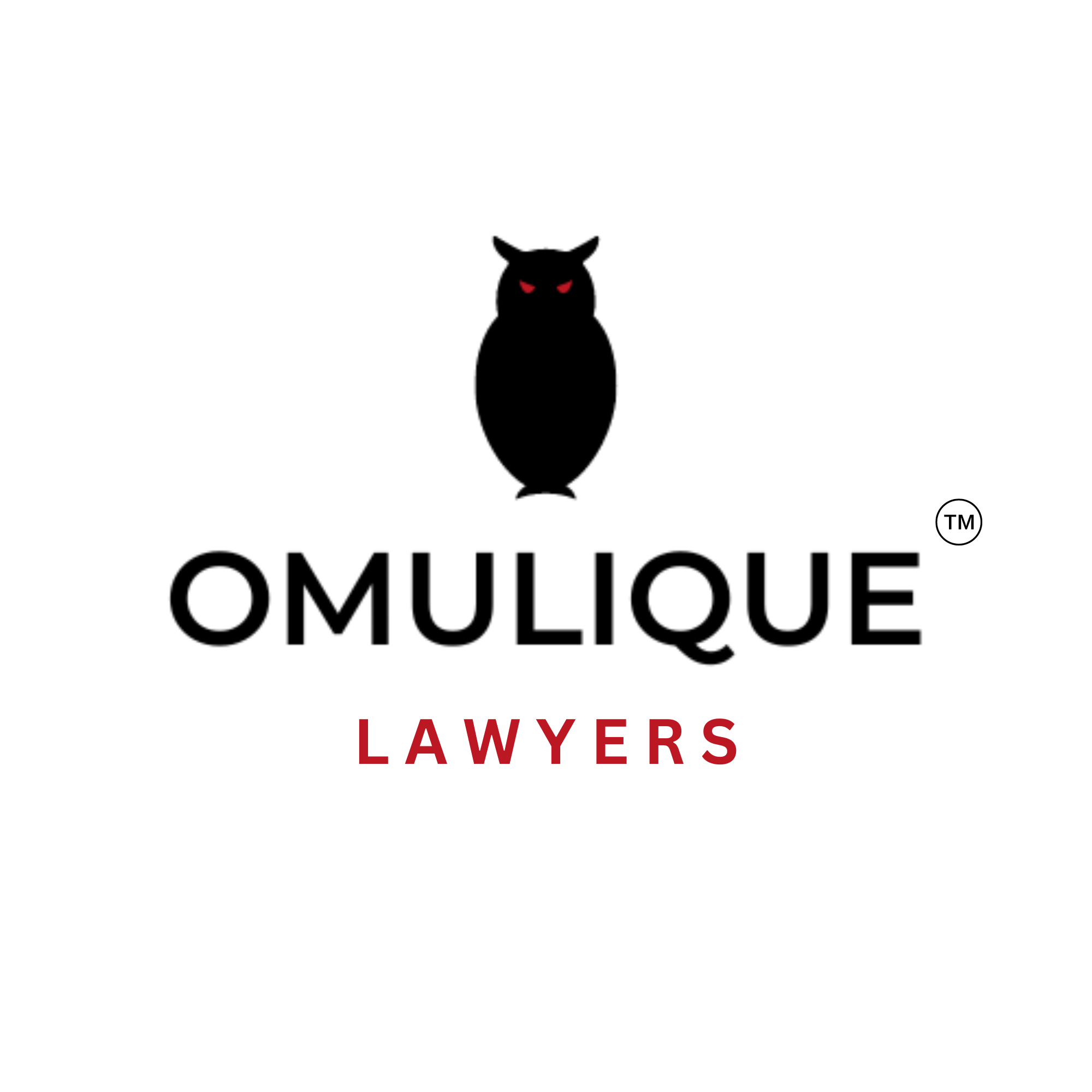 Logo with a black owl with red eyes above the text 'Omuliqué' in black and 'Lawyers' in red.