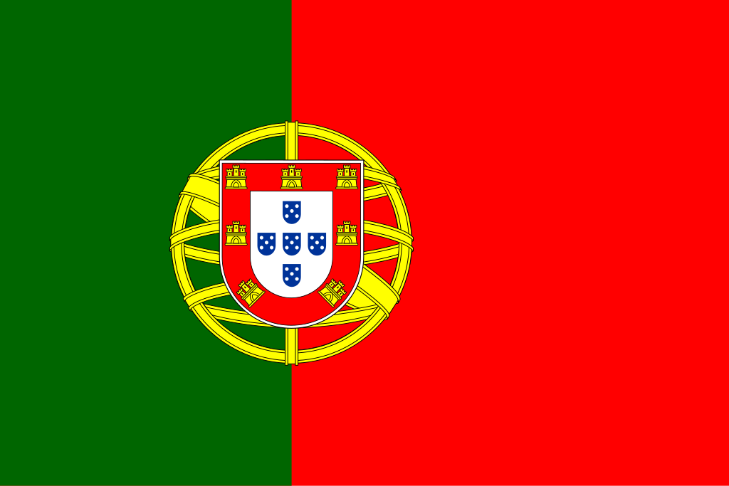 Flag of Portugal with green on the left, red on the right, and a central coat of arms with a shield, castles, and blue shields.