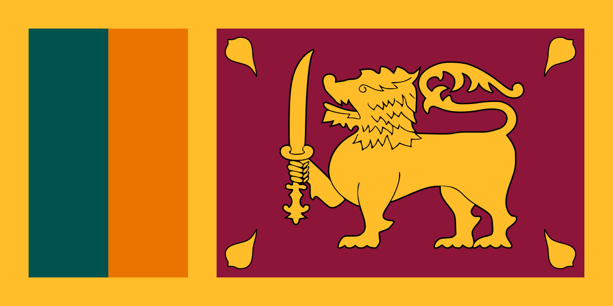National flag of Sri Lanka with yellow border, green, orange, and maroon background, and a gold lion holding a sword in the center surrounded by four gold leaves.