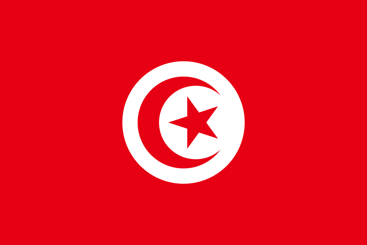Flag of Tunisia with a red background, white circle in the center containing a red crescent and a red five-pointed star.