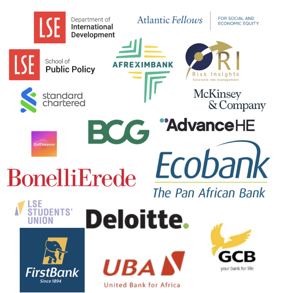 Collection of logos from various companies and institutions, including LSE, Atlantic Fellows, AFREXIMBANK, RRI, Standard Chartered, McKinsey & Company, GirlDreamer, BCW, Advance HE, Ecobank, BonelliErede, Deloitte, UBA, GCB, and FirstBank.