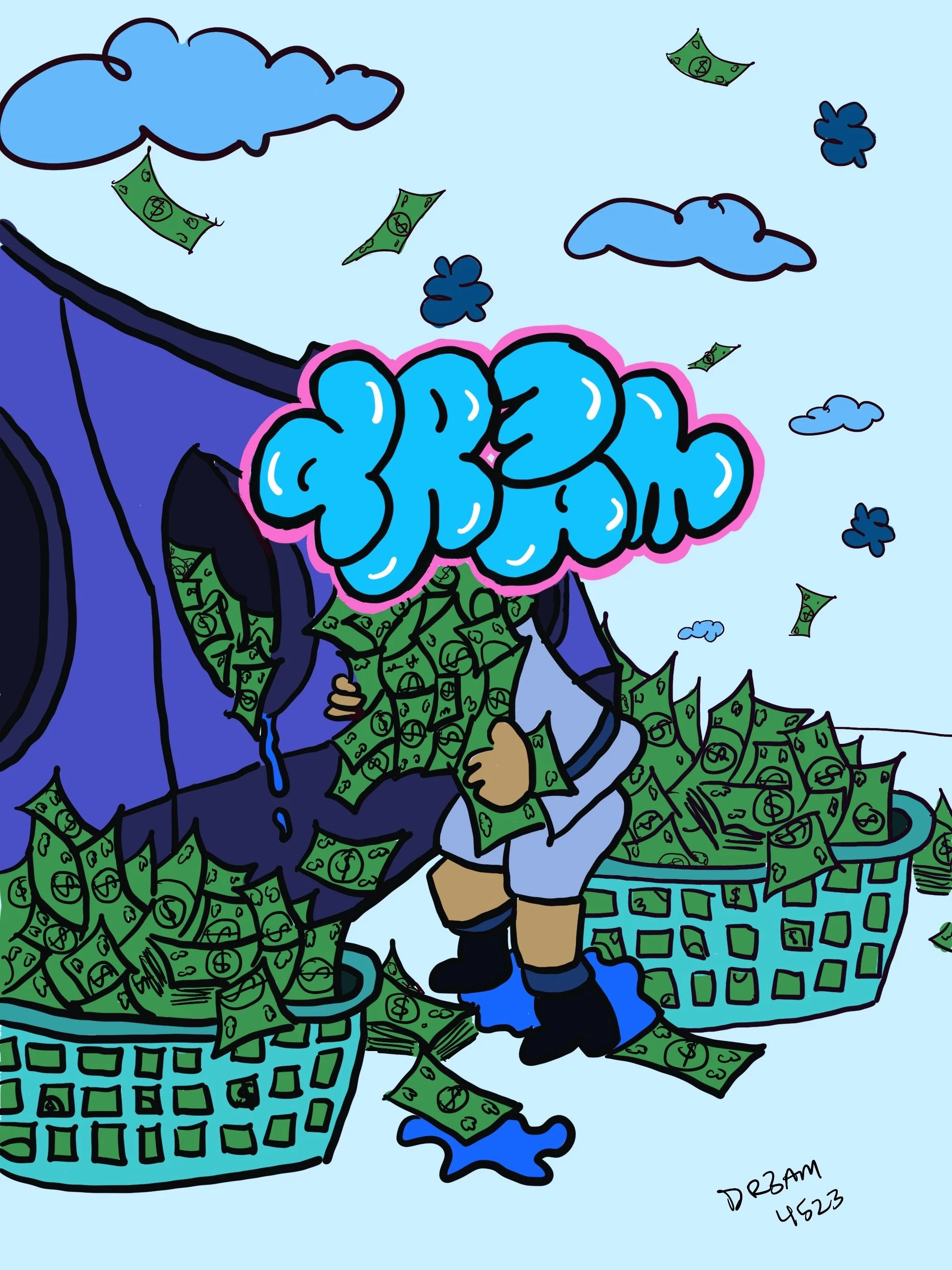 "Money Dr3ams Volume 1" is a series of digital illustrations portraying the allure of wealth through creative genius. Each artwork depicts the abundance of money, symbolizing both the desire for financial success and the pursuit of legitimate means t